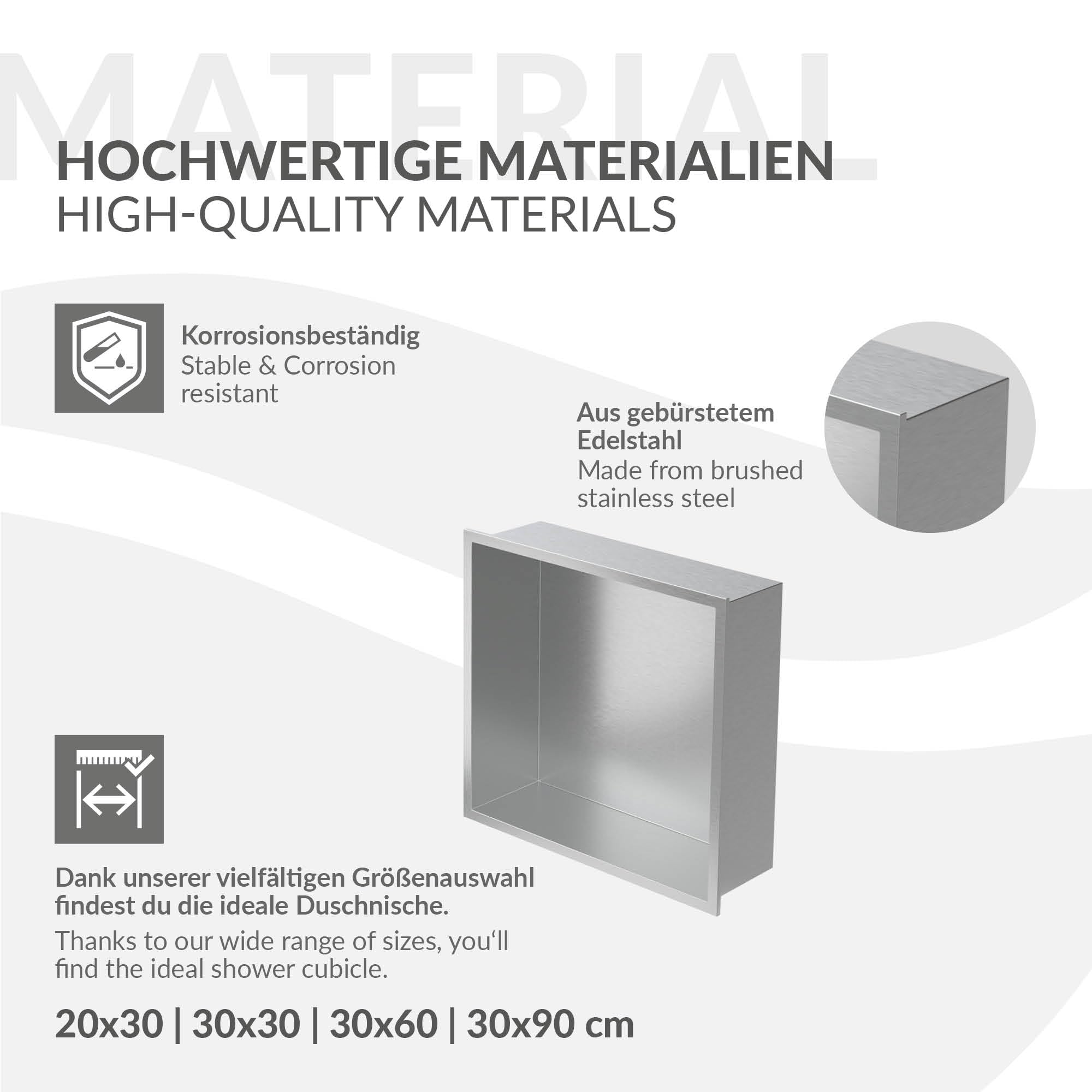 LuxeBath Wandnische aus Edelstahl, 30x30x10 cm, Silber, Duschnische mit Rahmen, Einbauregal, Flexibler Einbau, Befliesbare Nische für Badutensilien, Duschablage, Einzelregal Lagerung für Badezimmer