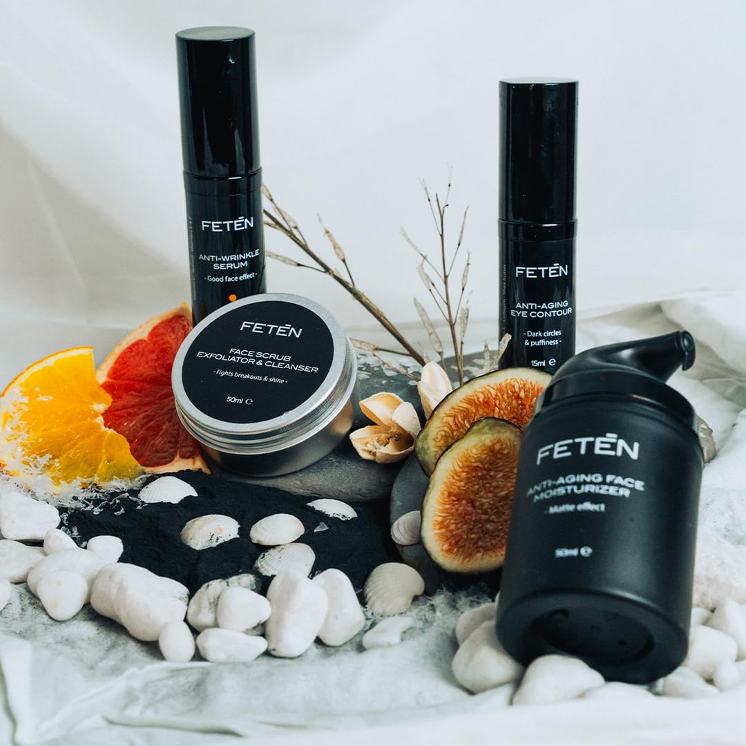 FETEN Set 360 Cuidado Facial Hombre - Pack Regalo Hombre 4 en 1 con Exfoliante, Sérum Antiarrugas con Vitamina C, Crema Hidratante y Contorno de Ojos Antiojeras