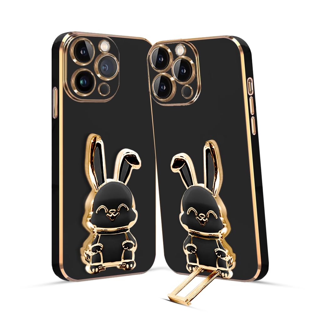 KARWAN®️ 3D Bunny with Folding Stand Back Cover Case Compatible for iPhone 12 Pro Max | Slim electroplated case | Stand case | Soft TPU | Space Astro Theme |Camera Protection-Black
