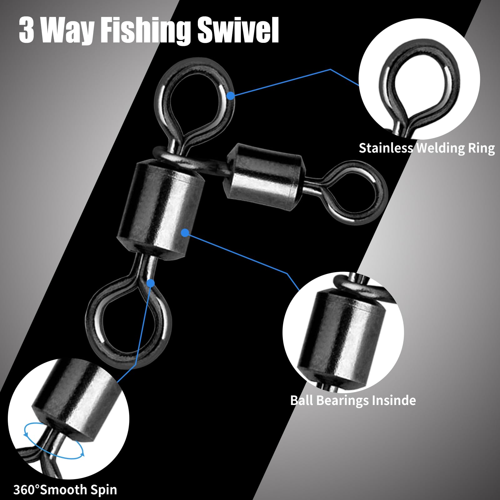FishTrip 3 Way Swivel Fishing Tackle - 50pcs Black T-Turn Three Way Swivels Heavy Duty Saltwater for Catfish Rigs(2/0 * 1/0)