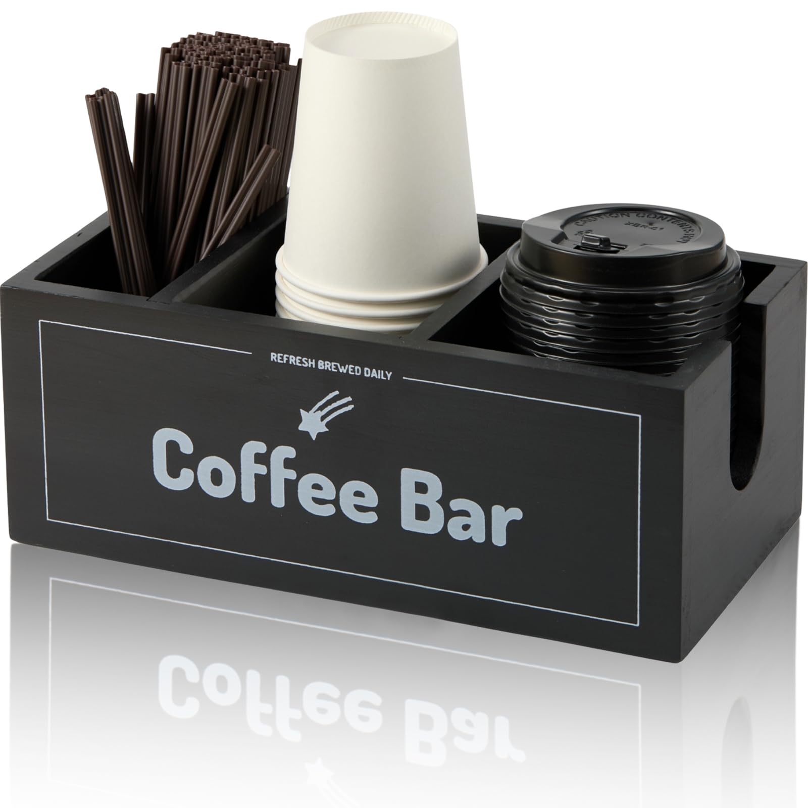 Coffee Station Organizer for Countertop - Wood Cup Holder & Condiment Caddy Multi-Compartment Tray for Pods, Cups Lids, Stirrers & Coffee Bar Accessories, Vintage Farmhouse Decor - Black