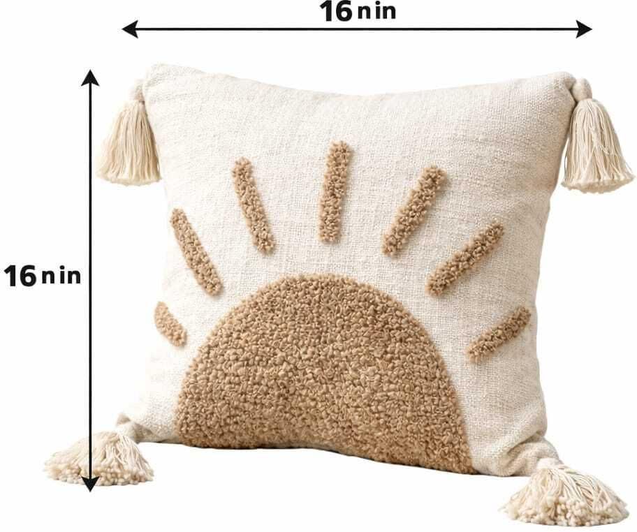 Image of Cushion Cover Pack of 2 (16x16 Inches) | Cotton Textured Decorative Throw Pillow Case for Sofa Bed Living Room Tufted Cushion Cover with Tassels (Brown & Off White)