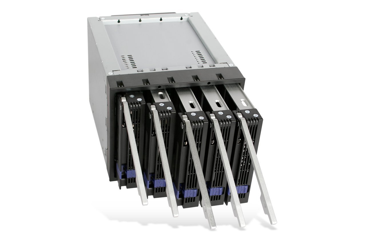 Icy Dock FatCage MB155SP-B Jaula de Plano Posterior, Rack móvil, Caja de Jaula con cajón Hot Swap para 5X HDD/SSD 2.5" o 3.5" SAS II/SATA III 6Gb / s en 3 bahías de Aluminio de 5.25"