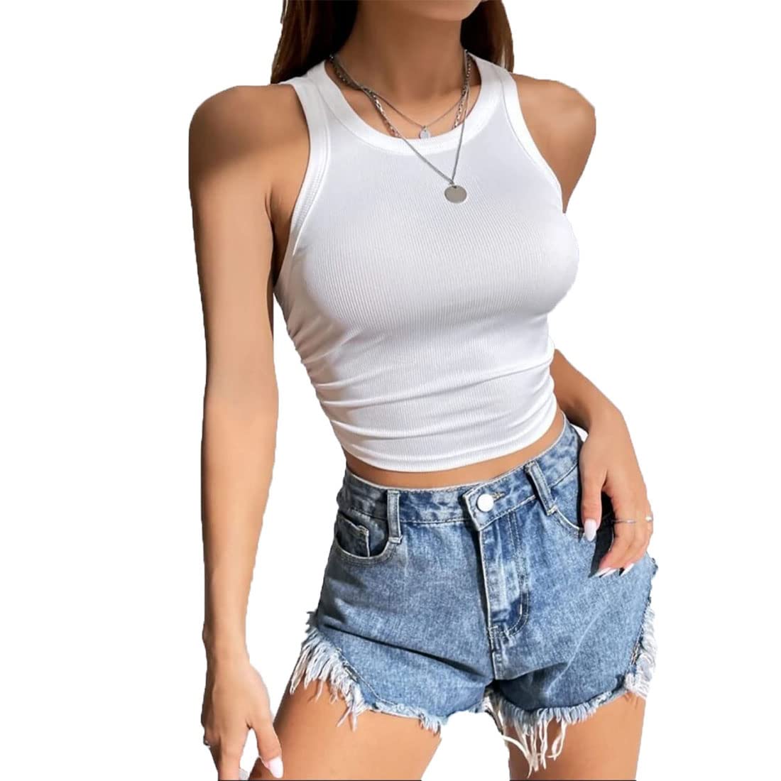 Women Sleeveless Ruched Side Racer Ribbed Tank Crop Top-image-49