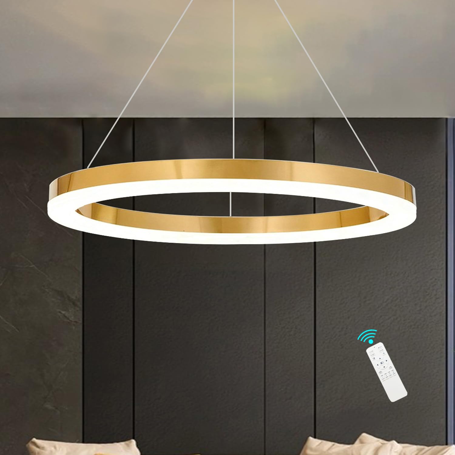 HAIXIANG Modern Ring Chandelier, Dining Room Ceiling Pendant Light Fixture Over Table Lights Lighting for Kitchen Island Bedroom 39.3" Width Ring Light with Remote Dimmable 2700K 6000K