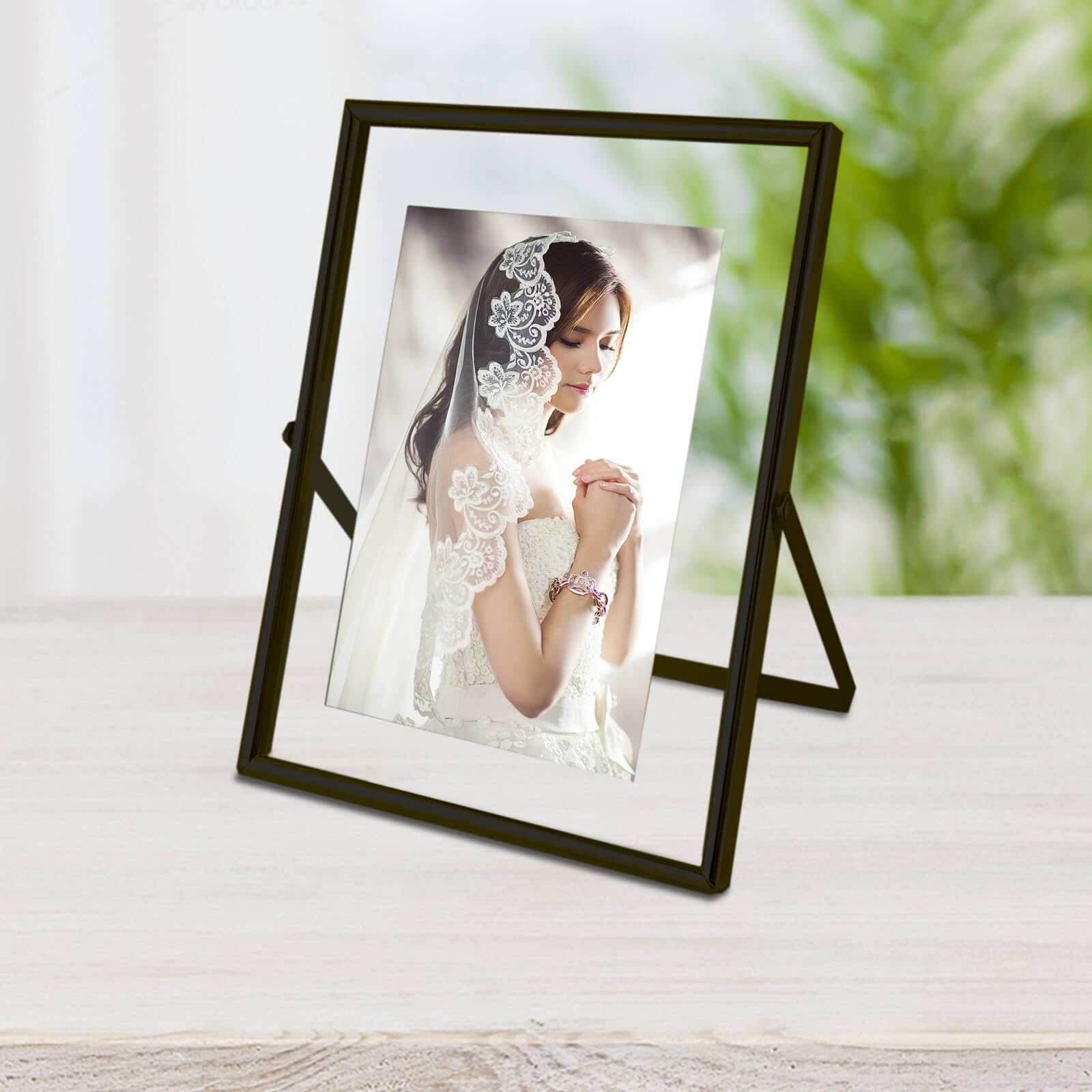 Condition photo showing New/Like New for 4x6 floating picture frames set of 2, made of metal and double real glass, for photo size up to 6x8, tabletop display home or wedding decoration (vertical black)