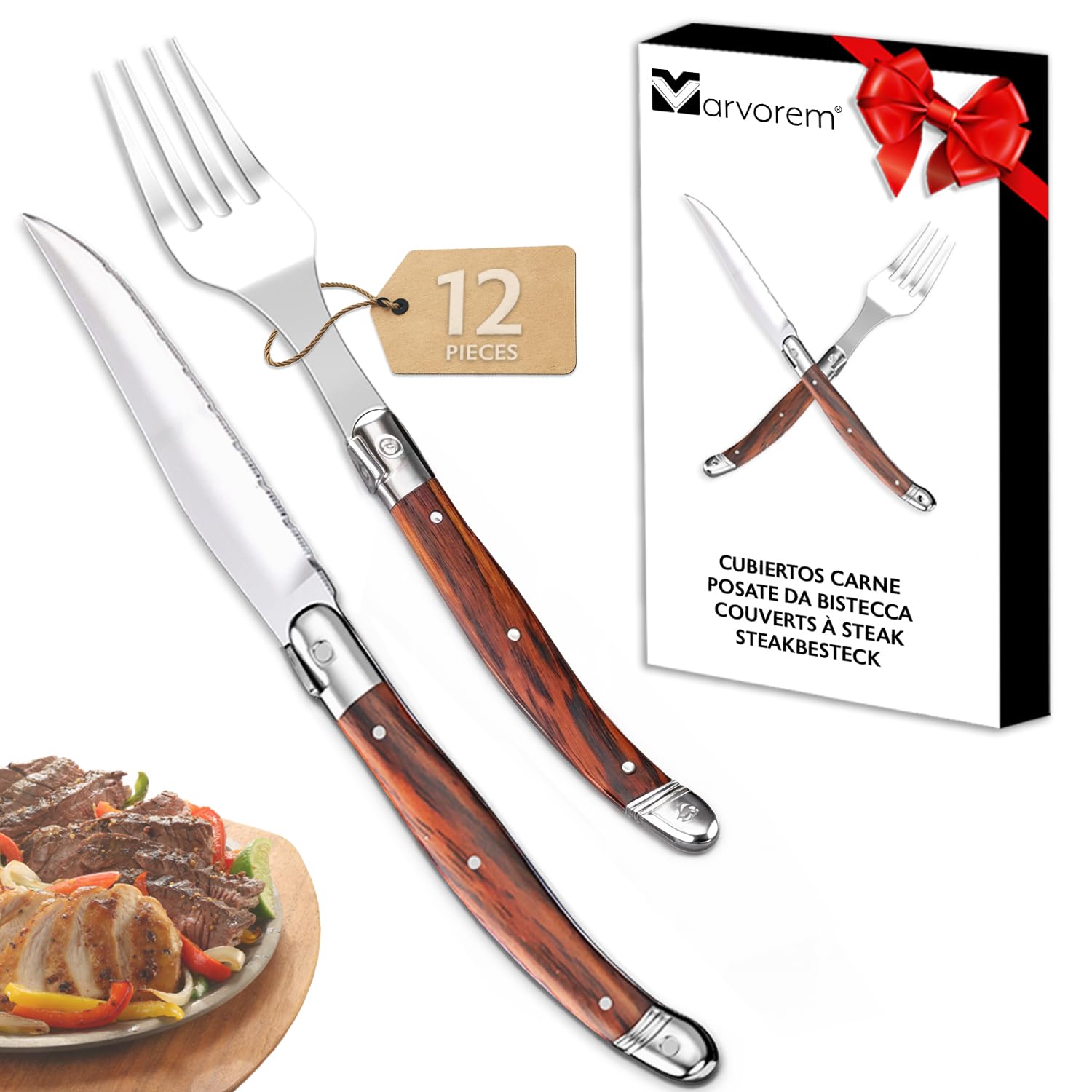Posate da bistecca acciaio inox legno 12 pezzi con 6 pezzi di coltelli da bistecca da 23 cm e 6 pezzi di forchette da tavola da 22 cm