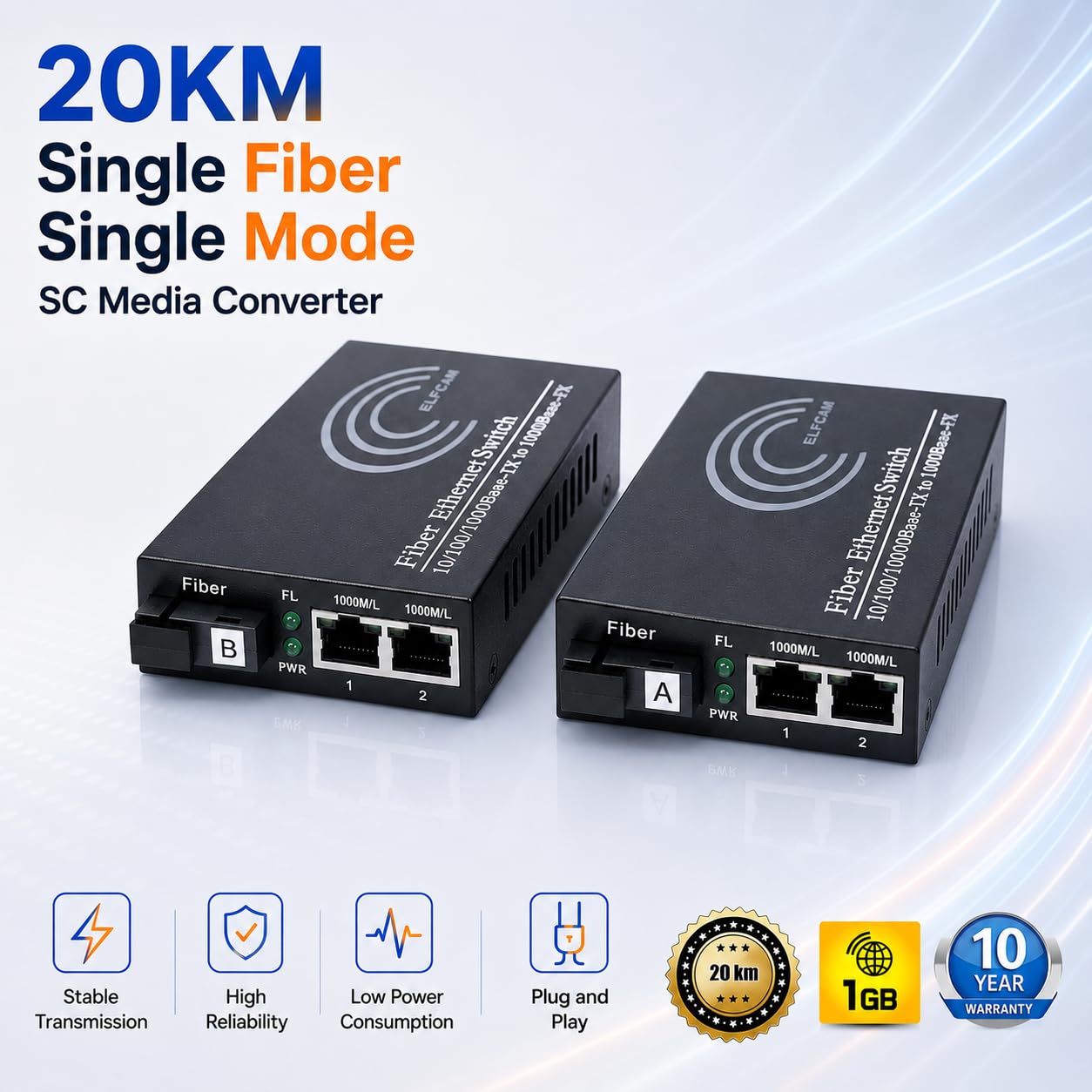 Elfcam® - Lot de 2 Convertisseurs Fibre Ethernet Gigabit avec Modules SFP Inclus, 2 Ports RJ45 par Convertisseur, Fibre Optique SC Monomode, Transmission jusqu'à 20 km, 10/100/1000 Mbps