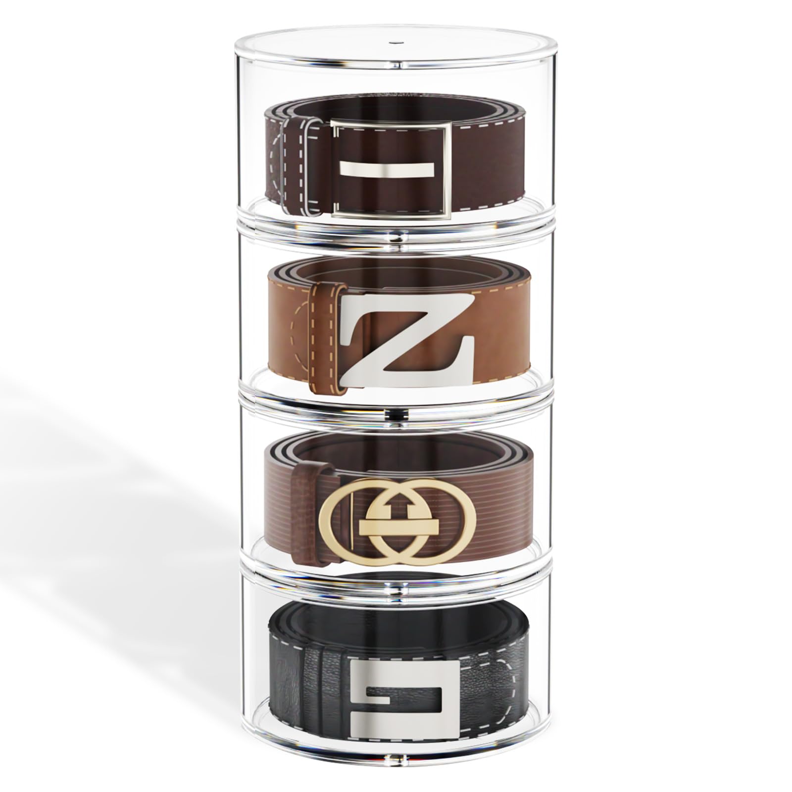 FEMELI Belt Organizer, Acrylic Belt Storage Holder for Closet & Drawer, 4-Layer Stackable Display Case for Belts, Watches, Jewelry and Ties