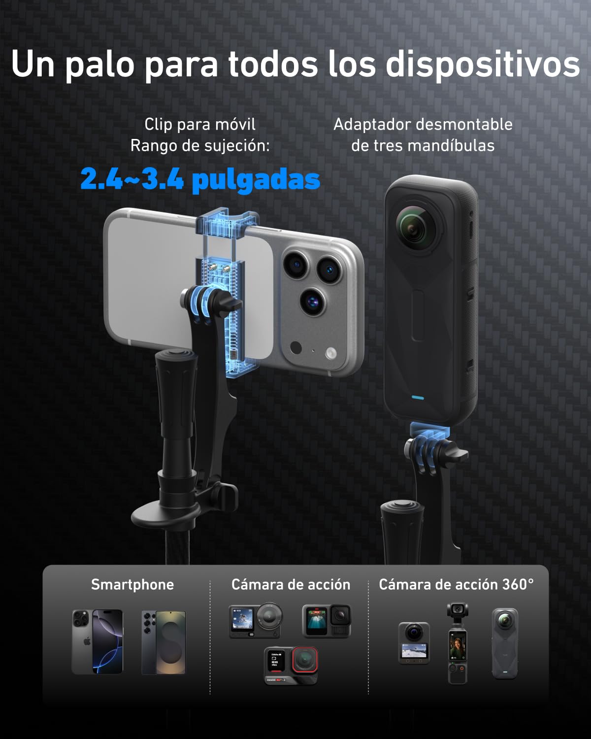 TELESIN TrekShot 3 en 1 Palo Selfie Trípode de Fibra de Carbono