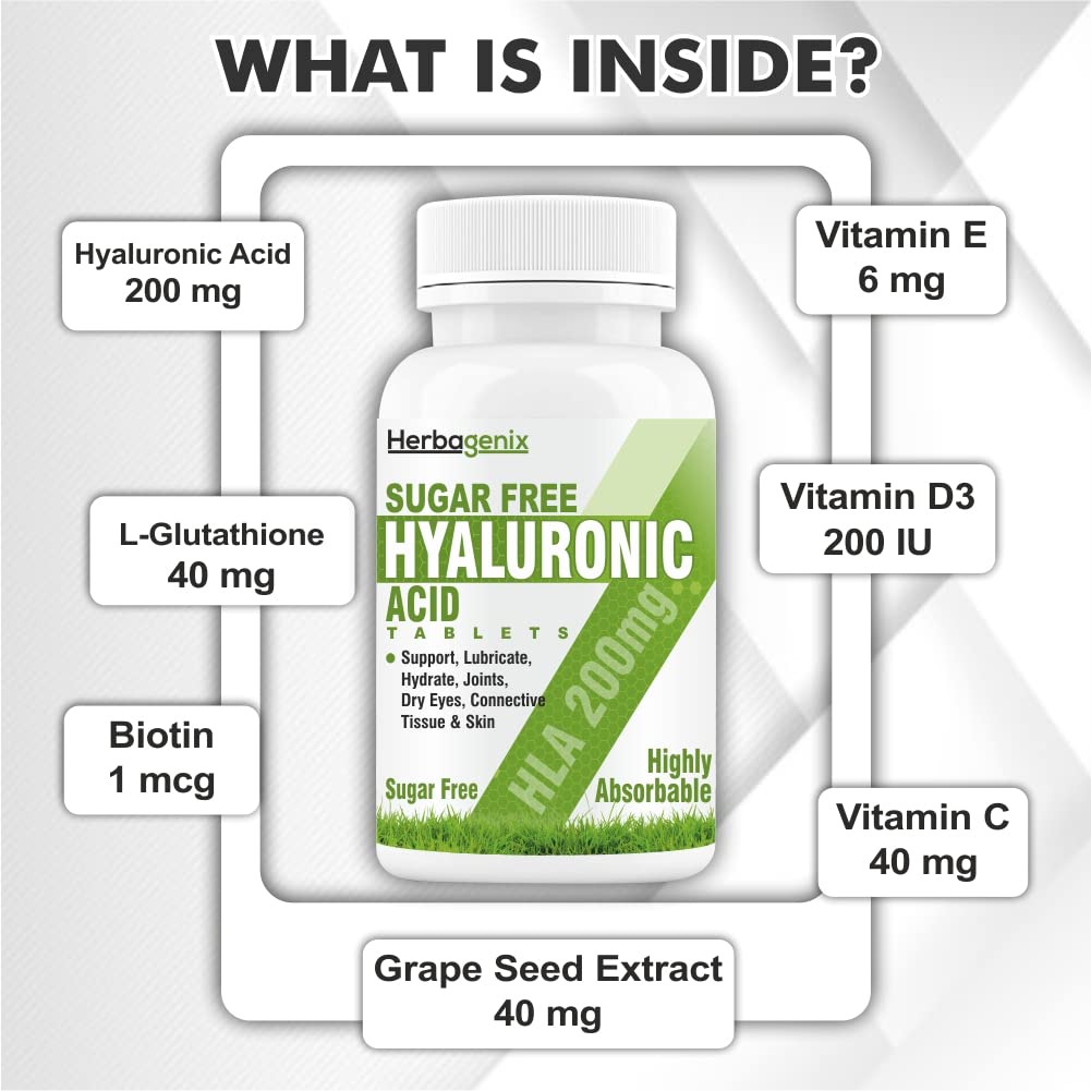Hyaluronic Acid Supplements Tablets With Hyaluronic Acid, L-Glutathione, Biotin, Vitamin E, C, D & Grape Seed Powder Extract For Skin Radiance & Elasticity For Women & Men- 60 — Amazon image 4
