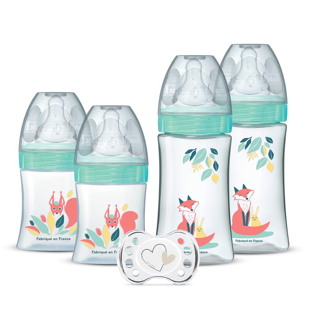 DODIE 4 Babyflaschen zur Geburt, runder Anti-Kolik-Sauger (2 x 150 ml und 2 x 270 ml) + 1 Schnuller zur Geburt