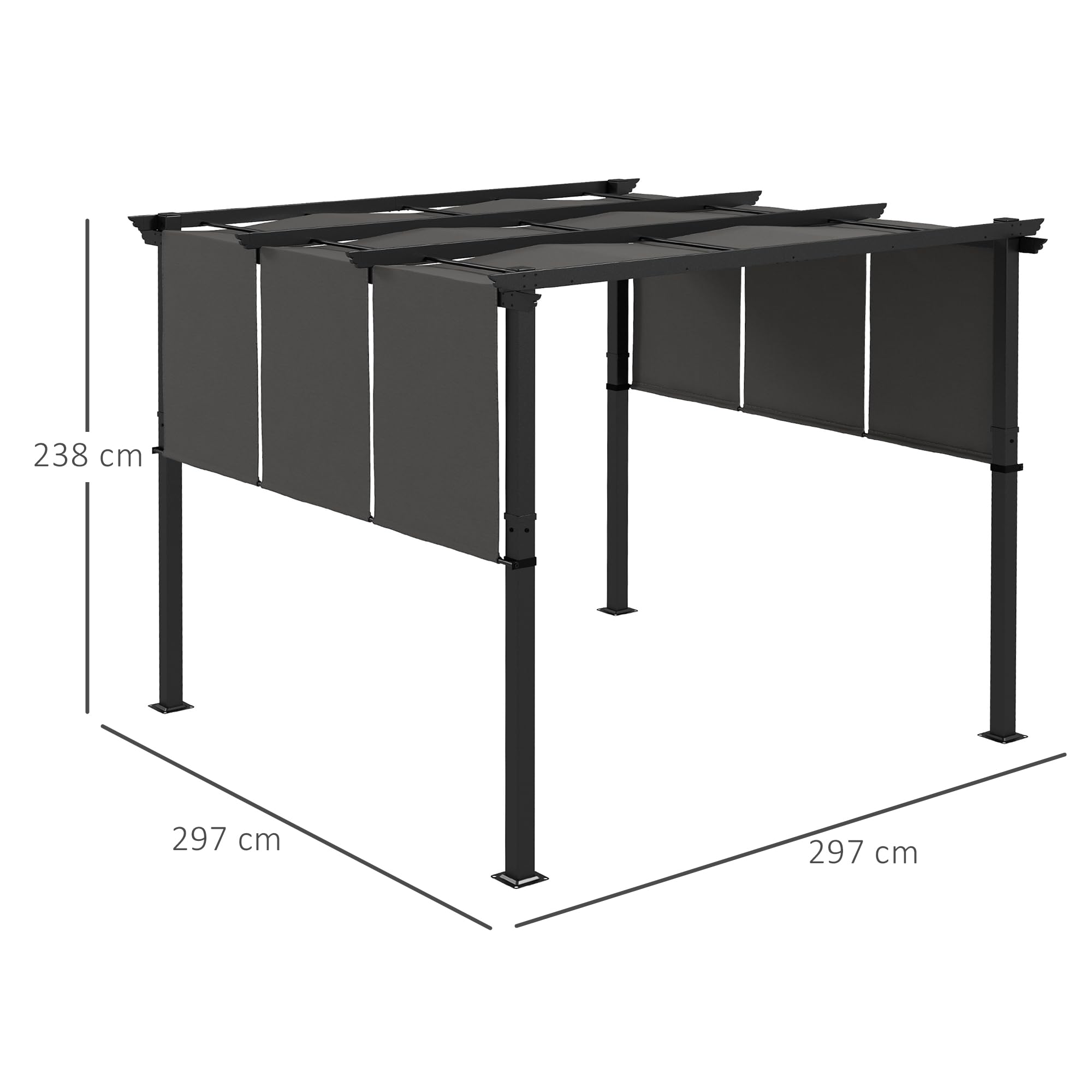 Outsunny Pergola avec 3 Toiles Coulissantes 3 x 3 x 2,38 m, Structure Acier Noir, Toile Polyester Haute Densité Gris Foncé