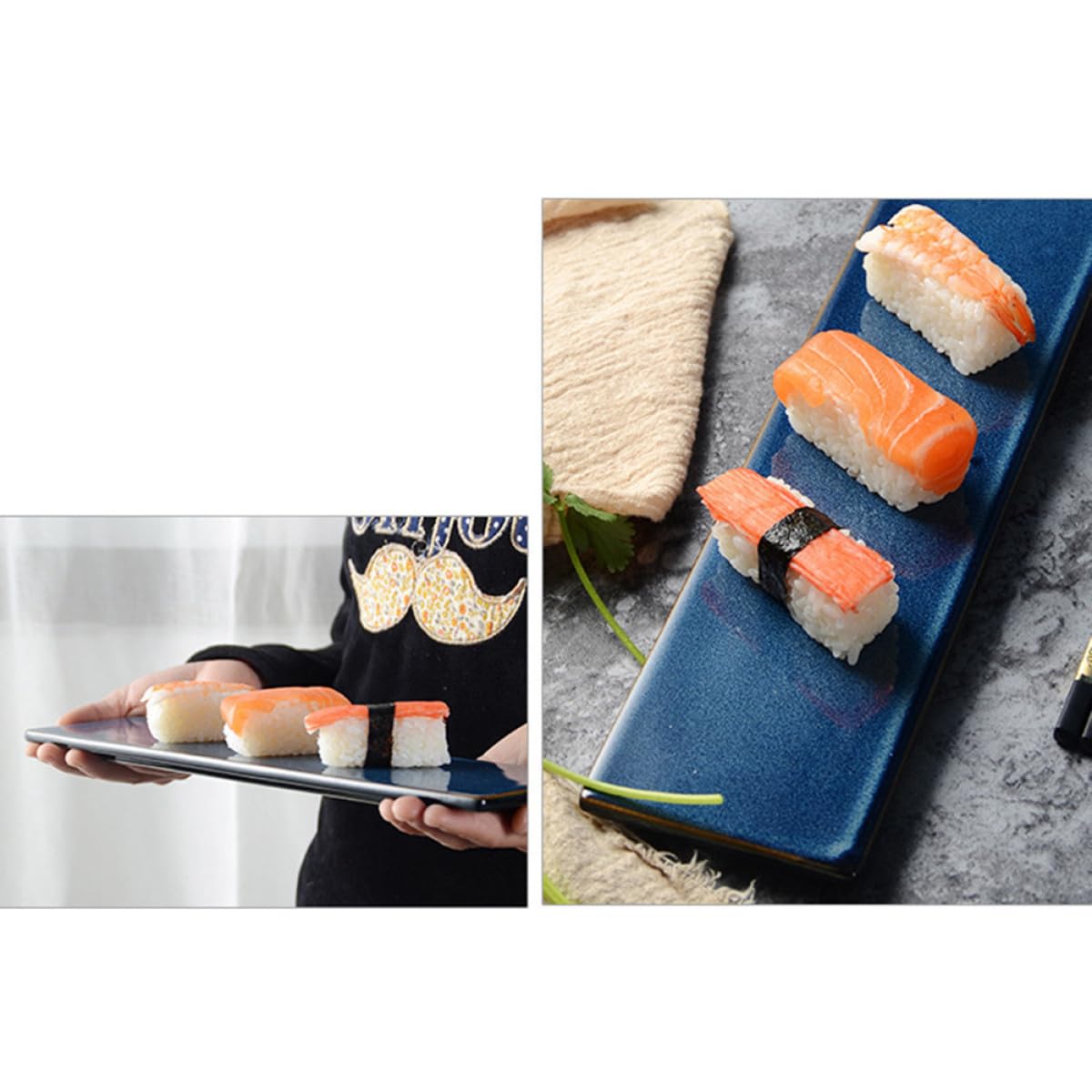 NUOBESTY Assiette à Sushis Style Japonerie, Plateau de Service en Céramique Bleue Rectangulaire Design Élégant et Fonctionnel pour Restaurant et Maison