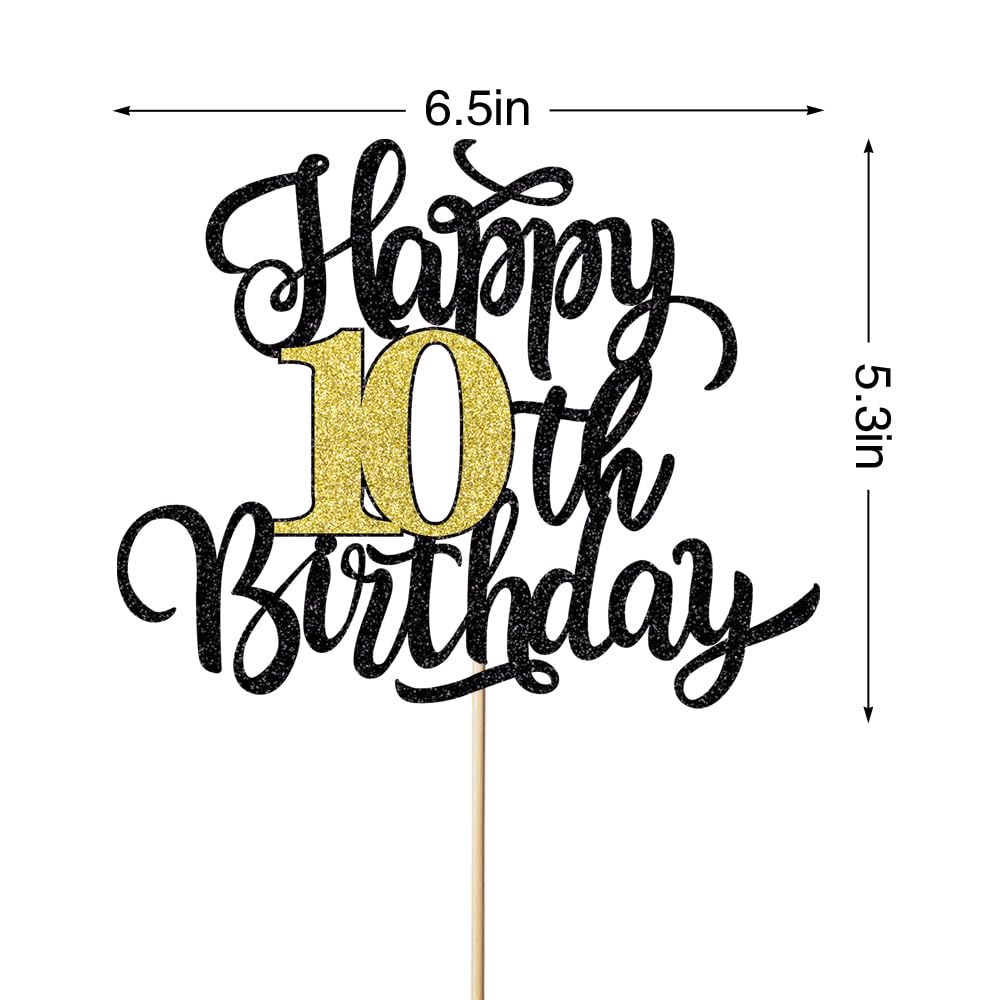 Happy 10th Birthday Cake Topper, Black Gold Glitter Birthday Cake Topper, 10th Anniversary/ 10th Birthday Party Decoration Supplies