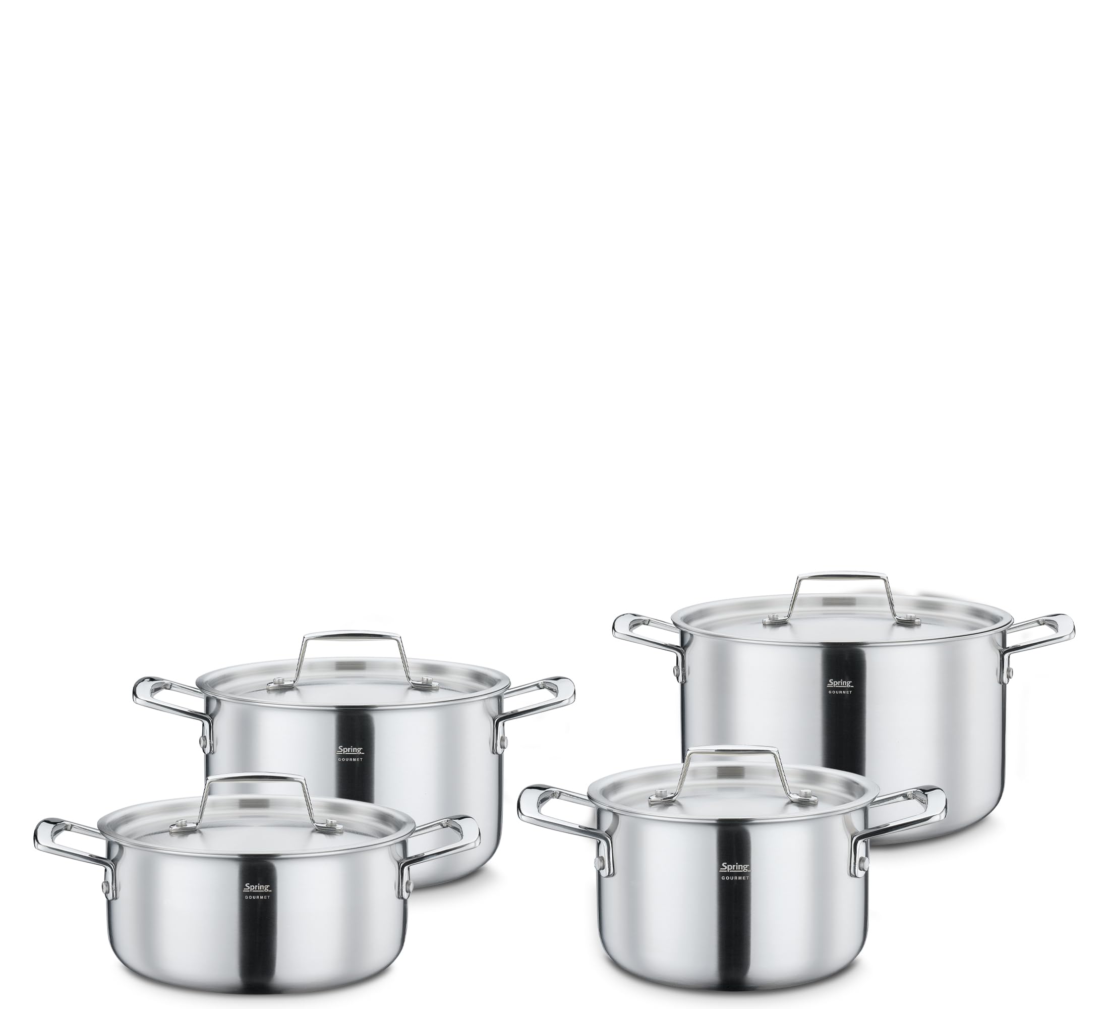 Spring Gourmet 4-Piece Saucepan Set with Lid, Multilayer Stainless Steel 18/0 Exterior, 18/10 Inner with Aluminium Core, Suitable for Induction Cookers, Oven-Safe, Cookware Set, Dishwasher Safe
