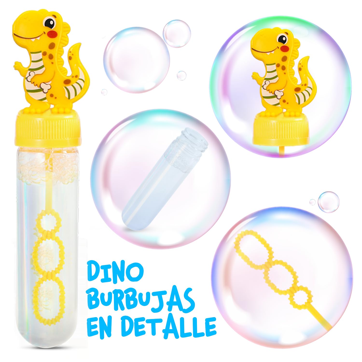 Magicat Juego de 24 pompas de jabón XXL para niños, juego de 24 pompas de jabón con divertidas asas de dinosaurio, obsequios para cumpleaños infantiles, burbujas de jabón líquidas de 30 ml, pompas de