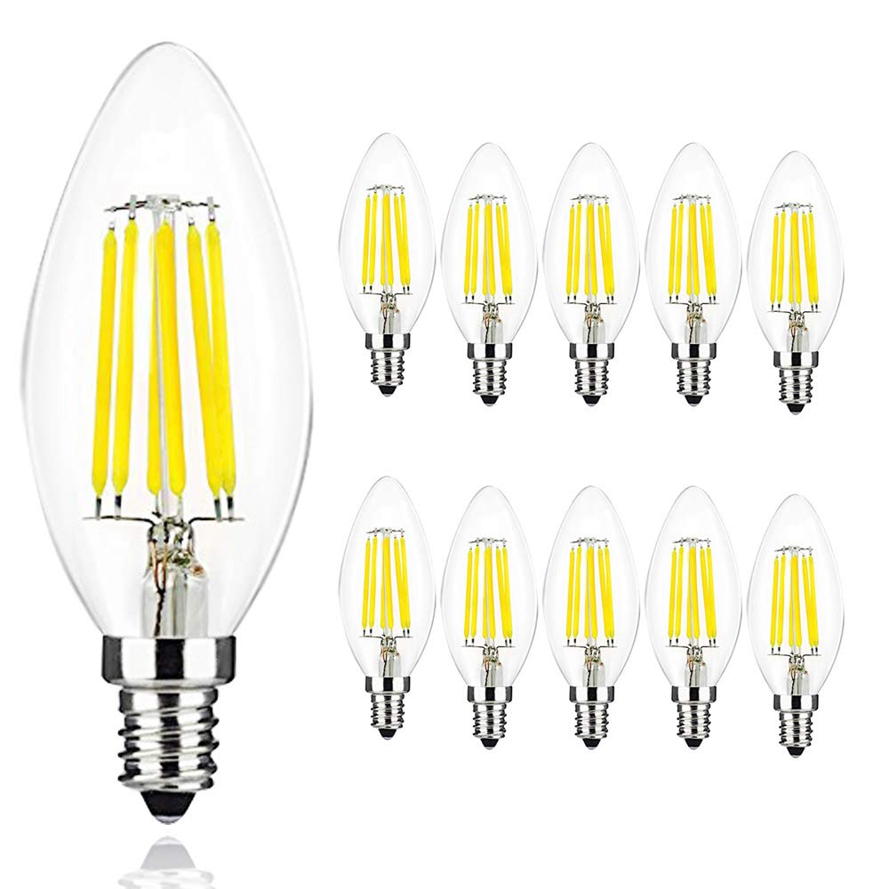 Chao Zan 6W (10 Pack) Led Filament Candle Bulb E14, 6W C35 Shape, 60W Incandescent Equivalent, Cool White 6000-6500K Small Edison Screw Chandelier Light Bulb, 10 Pack