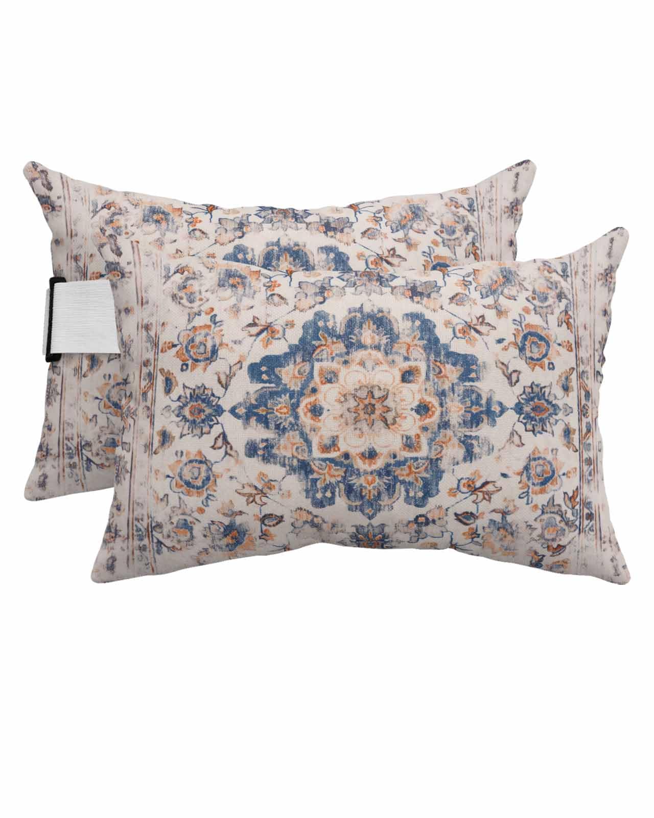 Navy Blue Orange Boho Outdoor Waterproof Pillows for Recliner Chaise Lounge Chair, Ethnic Tribal Shabby Chic Mandala Floral Lumbar Pillows with Inserts & Elastic Band for Patio Beach 2 Pack-12x20 In