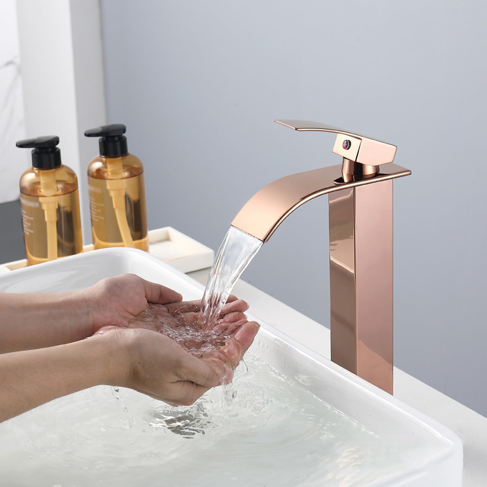 Mitigeur Haut pour Vasque Cascade Robinet Lavabo Monotrou Chaud Et Froid Robinet Lave Main En Acier Inoxydable,or Rose
