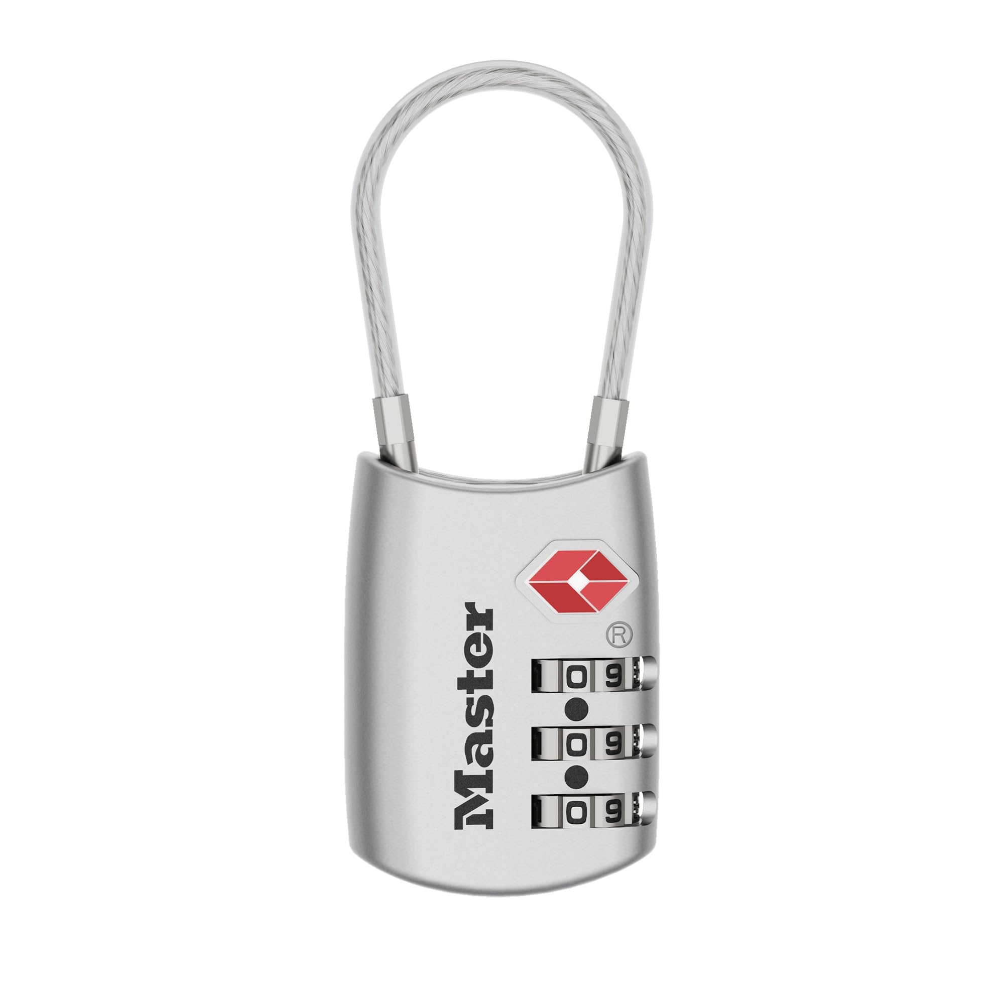 Master Lock 4688D Kłódka z możliwością ustawienia własnej kombinacji zamka szyfrującego z atestem TSA, 1 opakowanie, srebrna