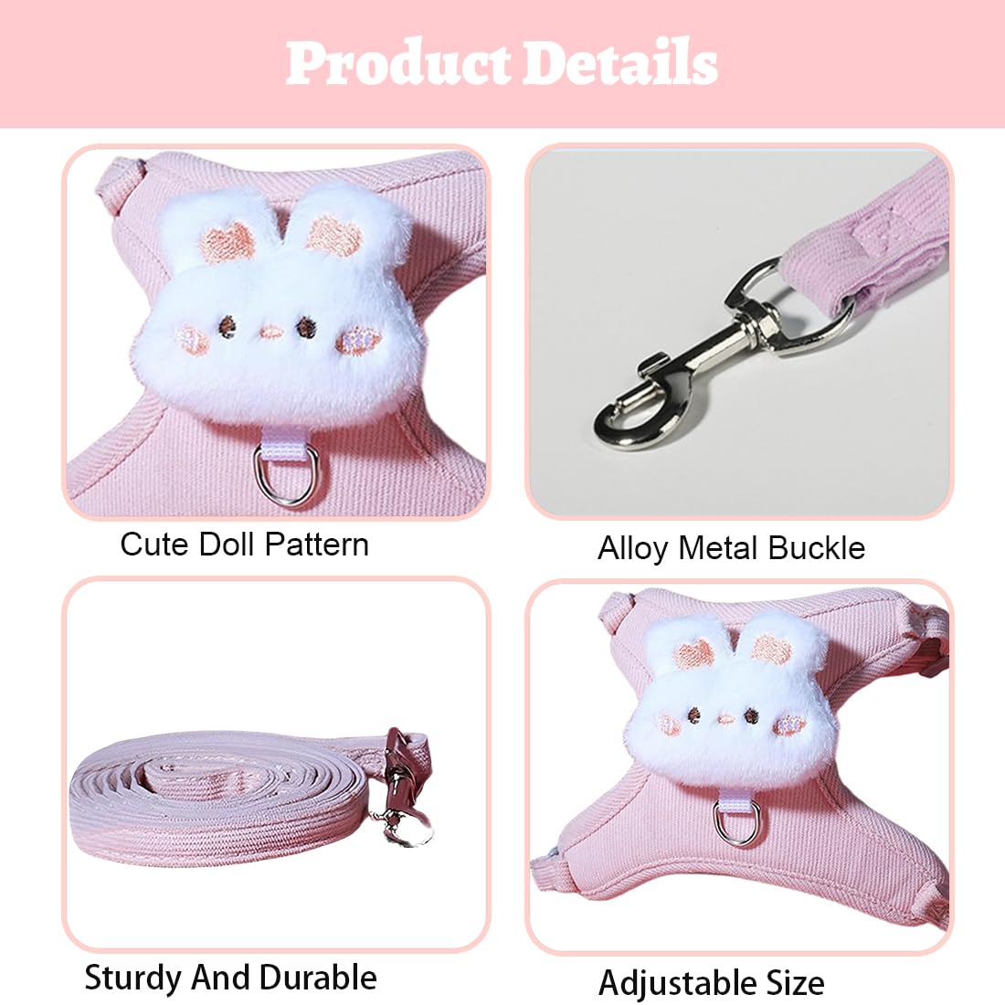 Harnais pour lapin nain réglable respirant rose taille ajustable 1-3 kg