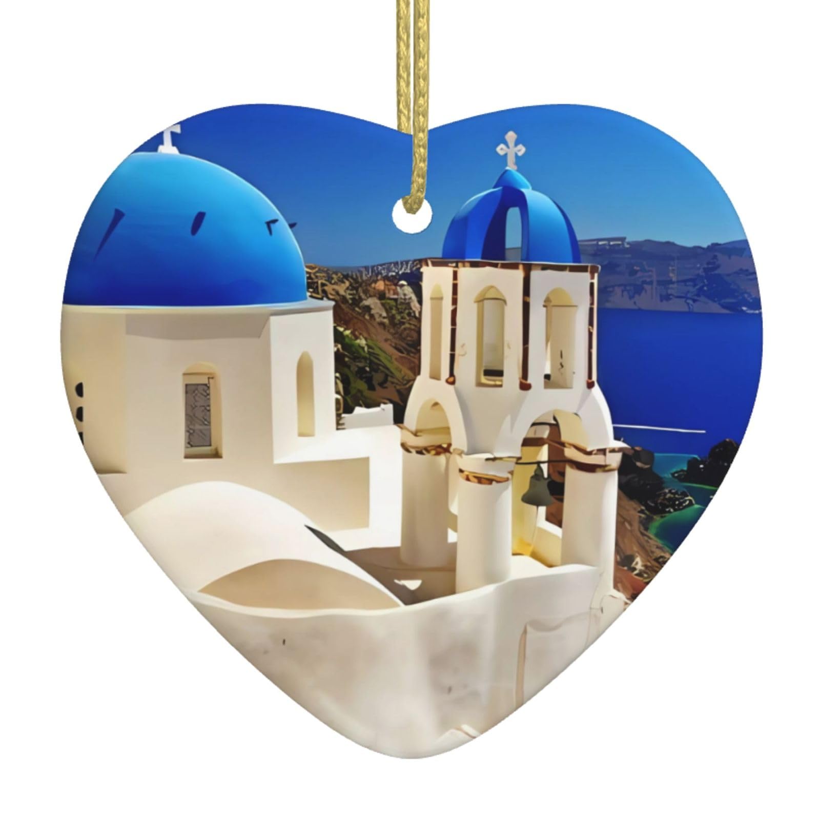 Winwon White Santorini Greek Island Sea View Print Personalised Christmas Bauble, Ceramic Christmas Hanging Ornament, Christmas Tree Decoration For Boyfriend Girlfriend Wife Xmas Gifts