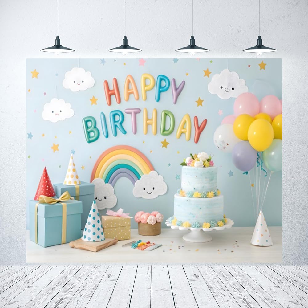 Rainbow Happy Birthday Backdrop 10x8ft Pastel Blue Cake White Cloud Balloons Photography Background for Kids Baby Shower Party Supplies Photo Booth Props