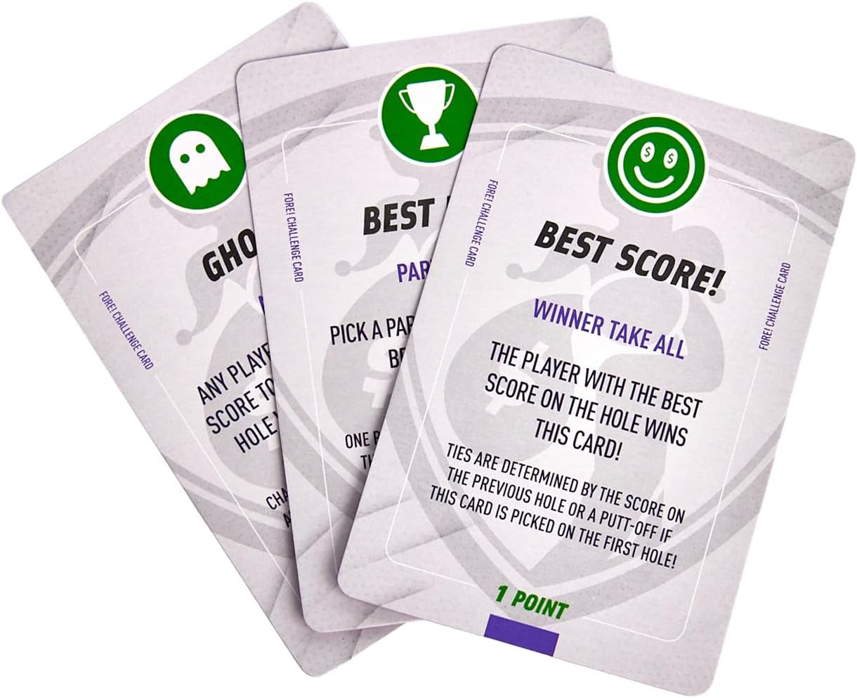 Fore! Money On-Course Golf Card Game – On Course Golf Wagering Game with Unique Challenges – Golf Gift for Men & Women – Interactive On-Course Golf Card Game Pack – 56 Cards Included