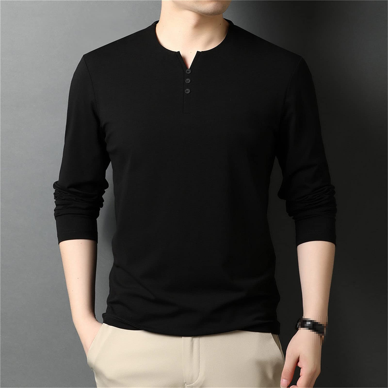 Frühling Herbst Mode Henry Kragen Tops Langarm Baumwolle T-Shirt Herren Kleidung, Schwarz , XXL