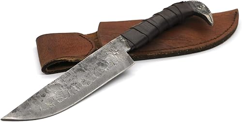 Cuchillo Odin's Raven estilo vikingo nórdico de 10.3" - Hoja de acero al carbono forjada a mano de 6.5", empuñadura con cabeza de cuervo y funda de