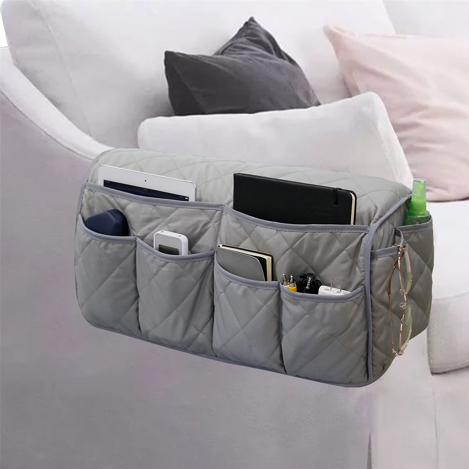 Lyirfan Sofa Armrest Organizer Non-Slip Sofa Storage Organizer Caddy Remote Control Holder with 14 Pockets,for Cell Phone,TVRemote Control,Magazines, Glasses,iPad (Grey)