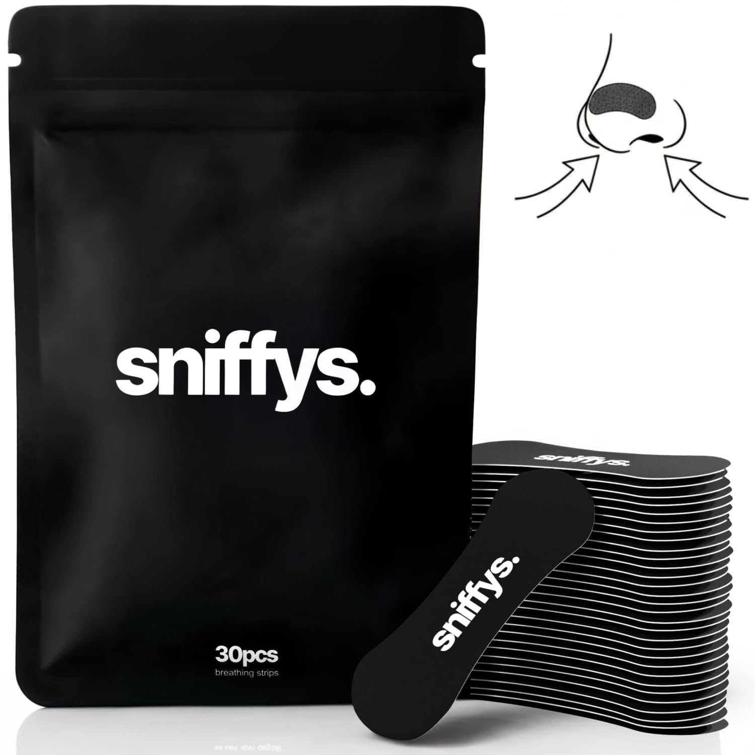 Sniffys Nasenpflaster - Sport Atmungshilfen Besser Atmen - Nasenstrips Anti Schnarch Unterstützung - Nose Strips Komfort Halt - 30 Stück - Schwarz