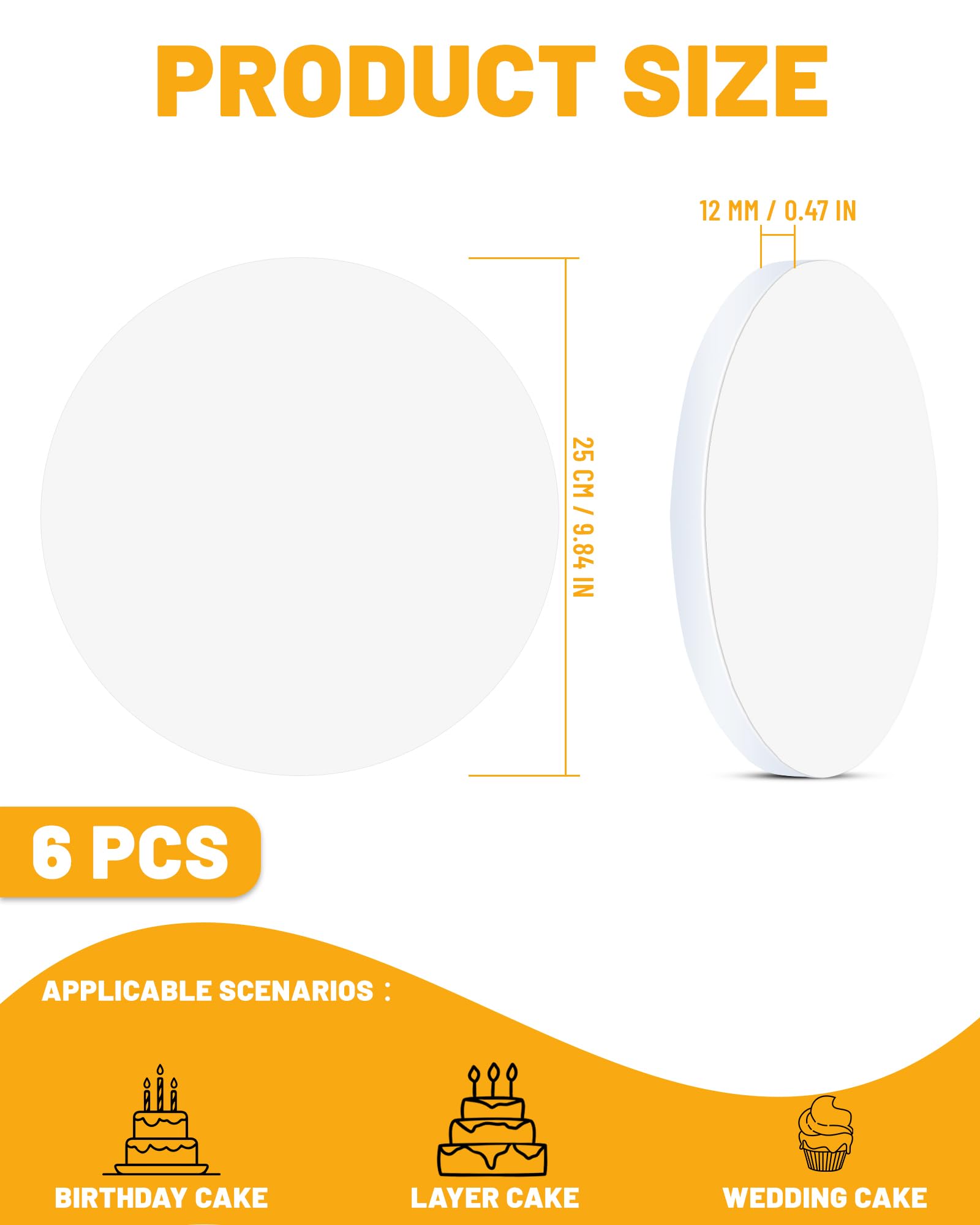 6 Pezzi Sottotorta Rotondo 25 cm (10 Pollici) Spessore 12 mm Cake Board Bianco in Cartone Riutilizzabile Ideale per Torte Dessert e Trasporto