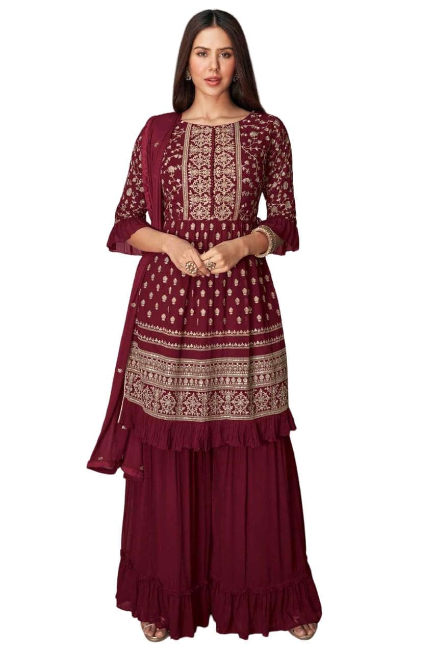 Xomantic Fashion Magenta Georgette Embroidered And Resham Work Designer Salwar Kameez (X-Large, Maroon)