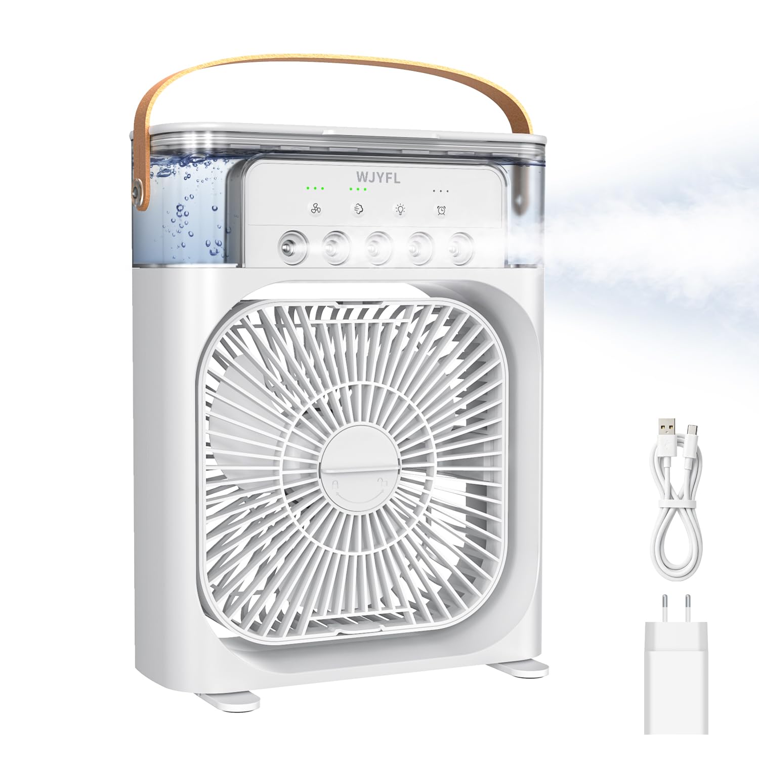 Mini Luftkühler mit 5 Sprühdüsen, 3 Sprühstufen und 600-ml-Wassertank | USB-betriebener Tischventilator mit 3 Windstufen, 1/2/3-Std.-Timer und 7-Farben-LED-Effekt für Büro und Schreibtisch