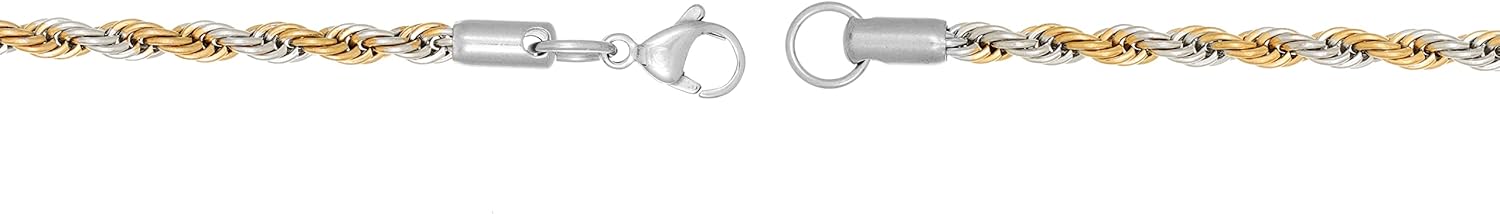 Metro Jewelry ステンレススチールロープチェーンネックレス メンズ ブラックまたはツートーンイエローゴールドイオンプレー