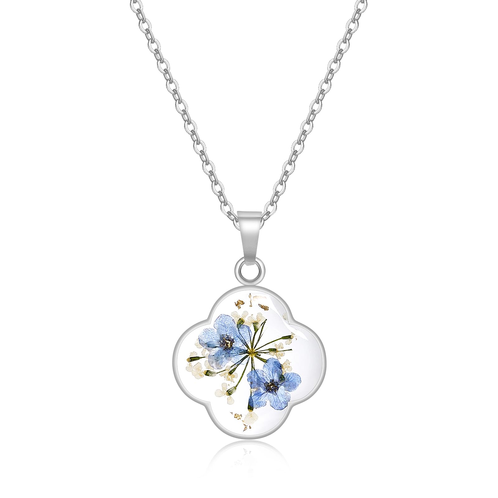 jaydenJayden Four Leaf Clover Necklace for Women - Forget-Me-Not and Queen Anne's Lace Pressed Flower Necklace,Handmade Boho Jewelry,Lucky Clover Pendant - Silver | 18"