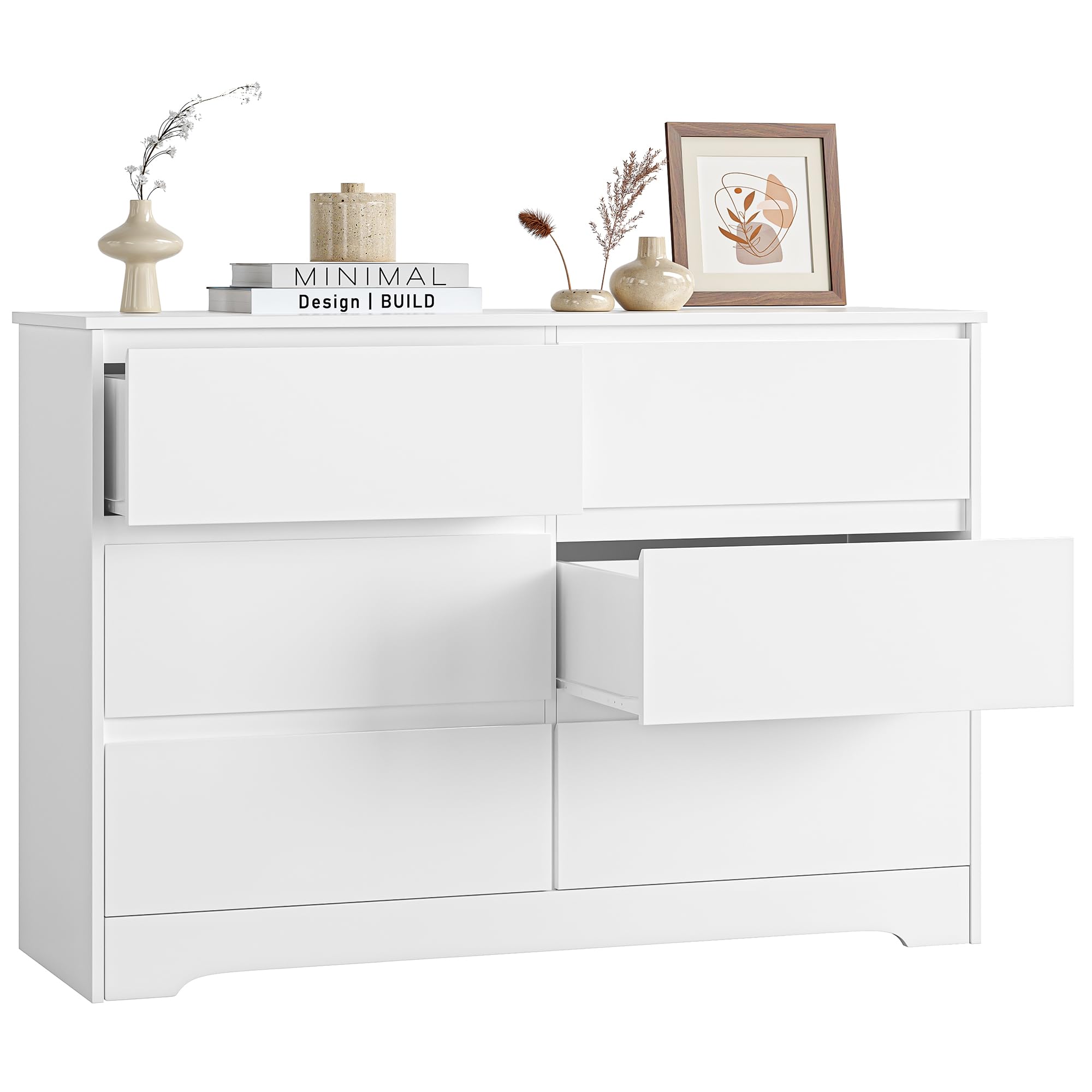FOREHILL Cassettiera Camera da letto 120cm,Cassettiera Bianca con 6 Cassetti,Comodino con Cassetti Moderno, Spedito in 2 pacchi,adatto per Camera da Letto, Corridoio, Soggiorno,Ufficio 120x40x82cm