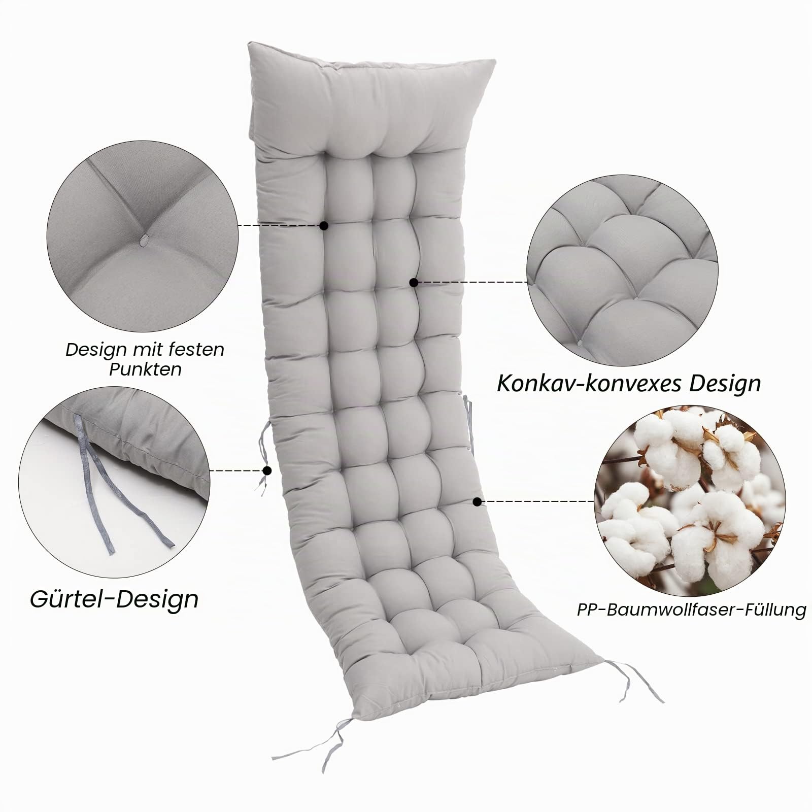 Warmiehomy Liegenauflage mit Antirutsch, 160x50x8cm Auflage für Gartenliege Outdoor, Dickes & Bequeme Polster Sonnenliege Auflage mit Einstellband, Kissen für Liegestuhl, Grau(Ohne Stuhl)