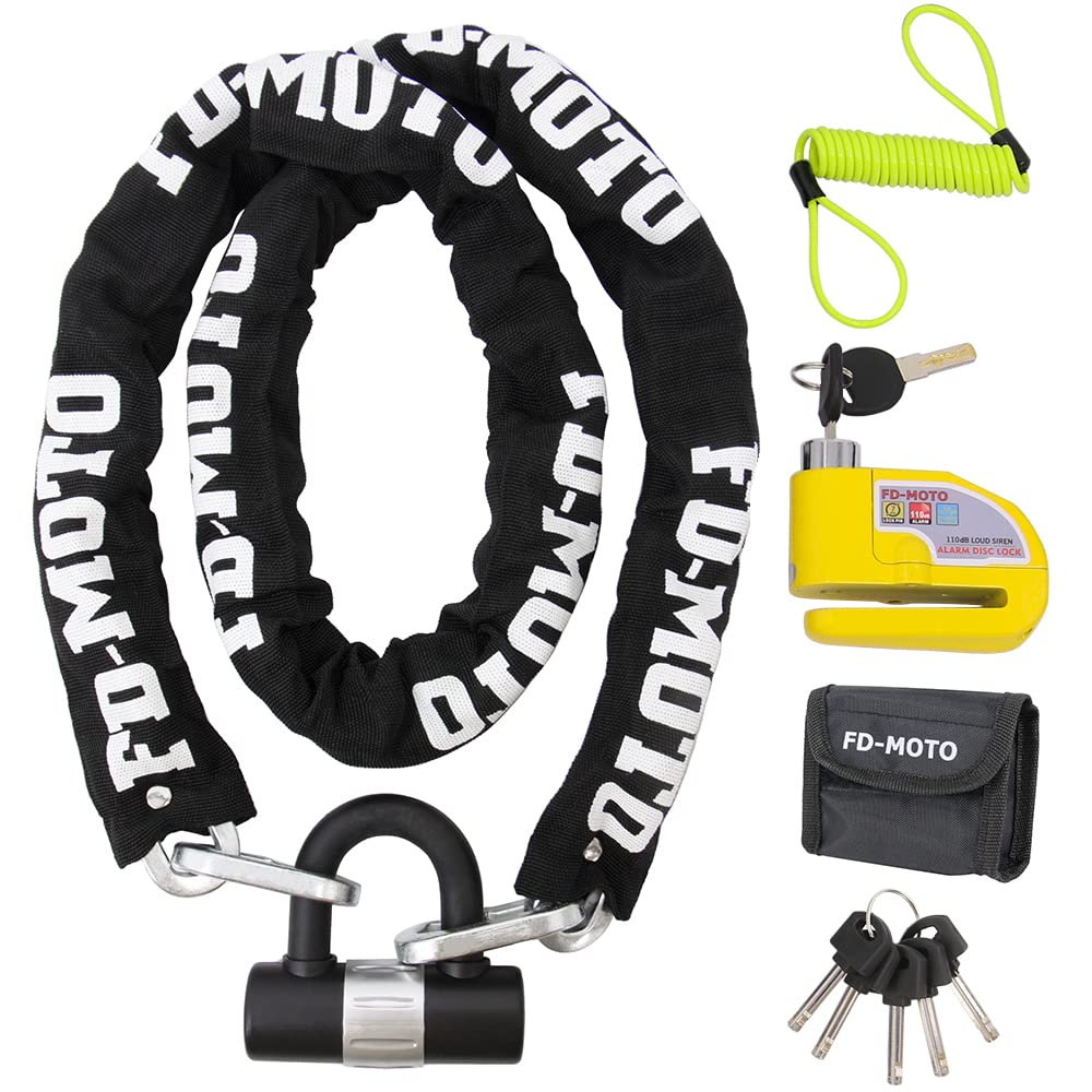 – 1.5M*10mm 3.4KG Steel Motorcycle Chain Lock Padlock + 110dB Yellow Alarmed Motorbike Brake Disc Lock + 1.5M Cable