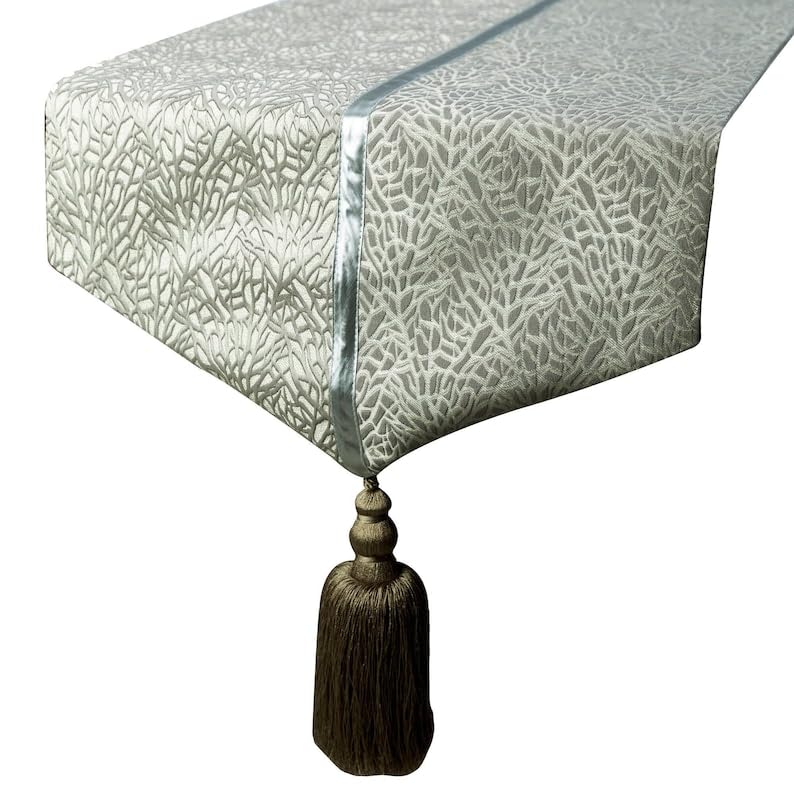 The HomeCentric Decorative Silver Table Runner 4 Seater Table Runner (35 x 120 cm), Tassles Table Runner, Jacquard fabric Table Linen, Abstract Pattern Modern Style Wedding Décor - Silver Fern — image 1