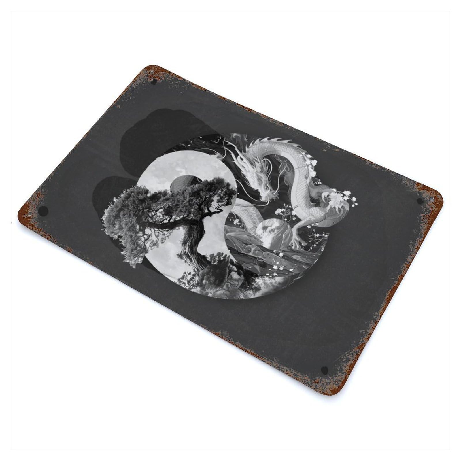 Yin Yang Bonsai Dragon 11.8"x7.9" Retro Metal Sign, Industrial Home Decor for Office, Studio And Wall Decor