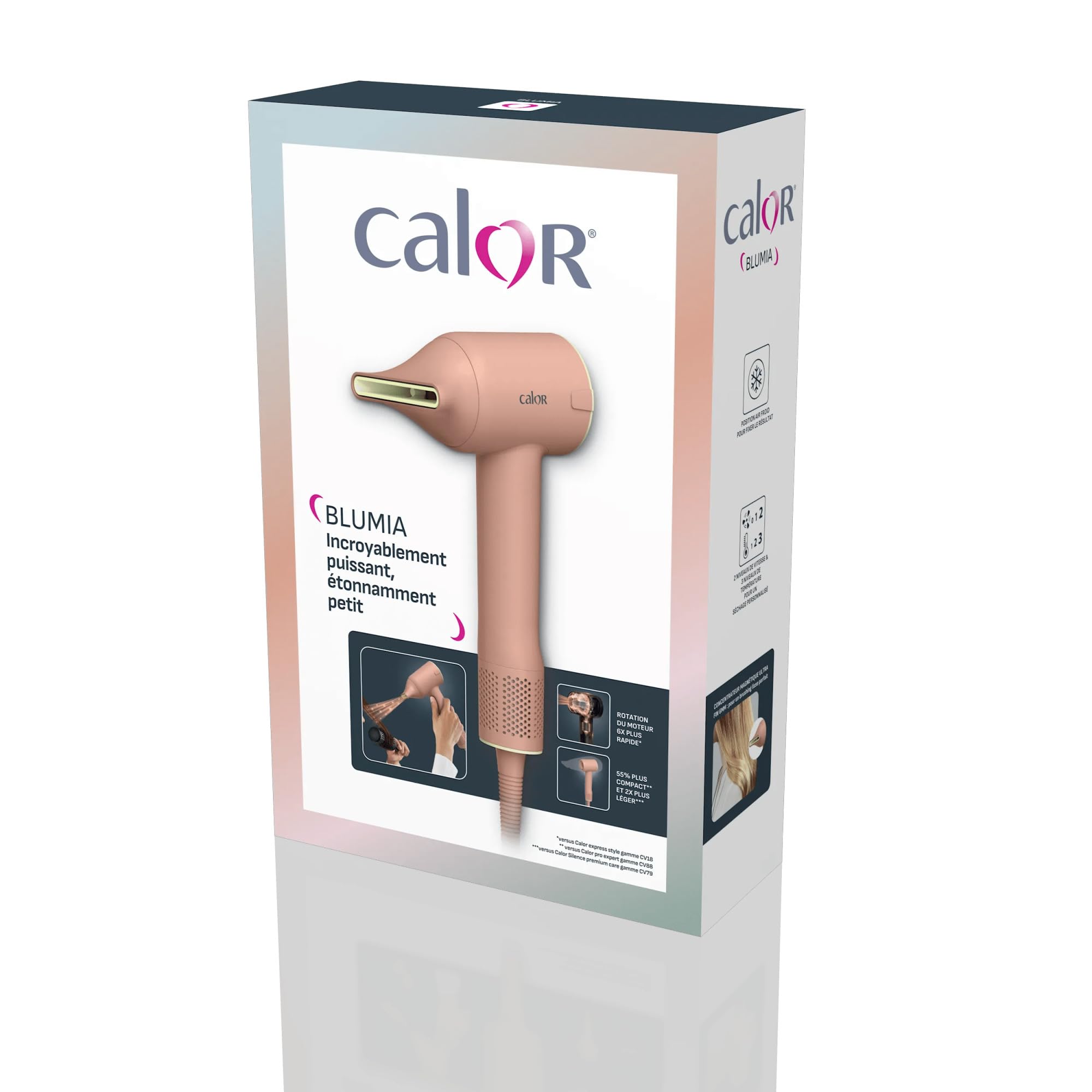 Calor Blumia, Sèche-cheveux ultra compact et léger, Moteur digital, Flux d'air 225km/h, Contrôle de température, Buse magnétique, Facile à ranger et transporter, Pêche, HY5N11C0