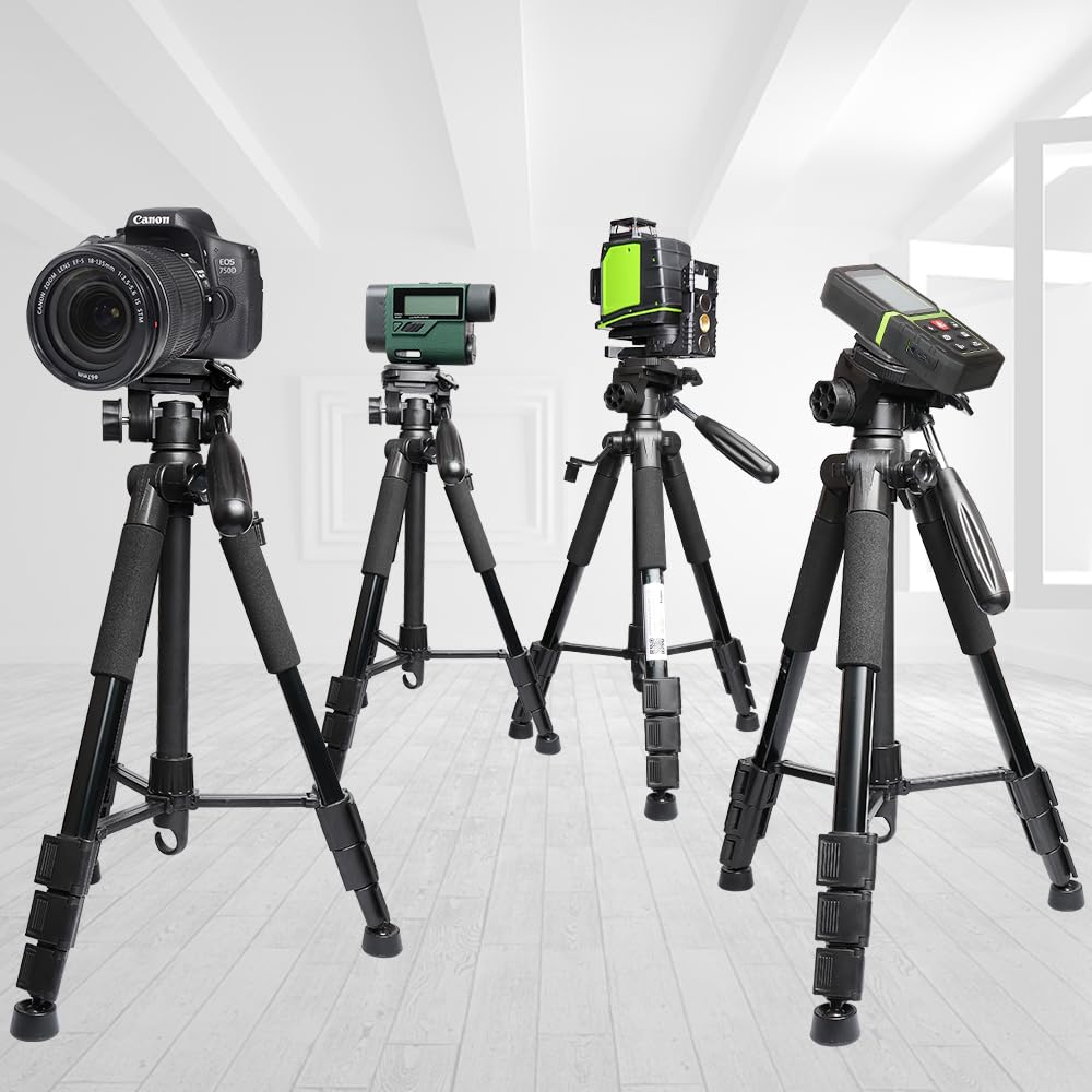 Huepar TPD14 143 cm/56" Stativ für Kreuzlinienlaser, Verstellbares Leichtgewicht Reisestativ mit 3-Wege-schwenkbarer Panoramakopf, Schnellwechselplatte mit 1/4"-20 Schraube und 5/8"-11 Überwurfmutter