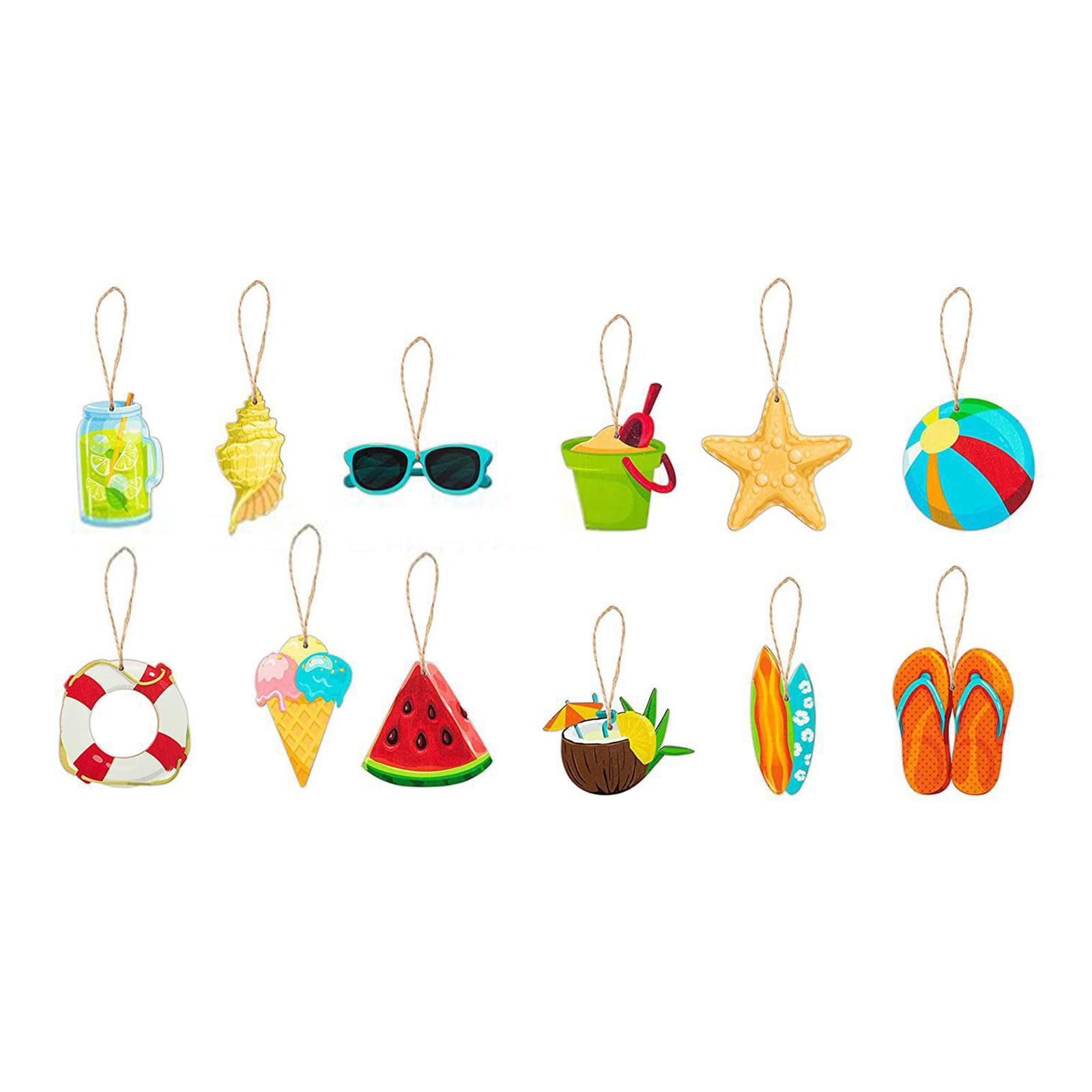 Summer Decorations Hanging Wooden Ornaments - 12pcs Hawaiian Luau Party Hanging Ornaments for Tree,Tropical Decorations Ornaments with String for Hawaiian Luau Beach Party Supplies