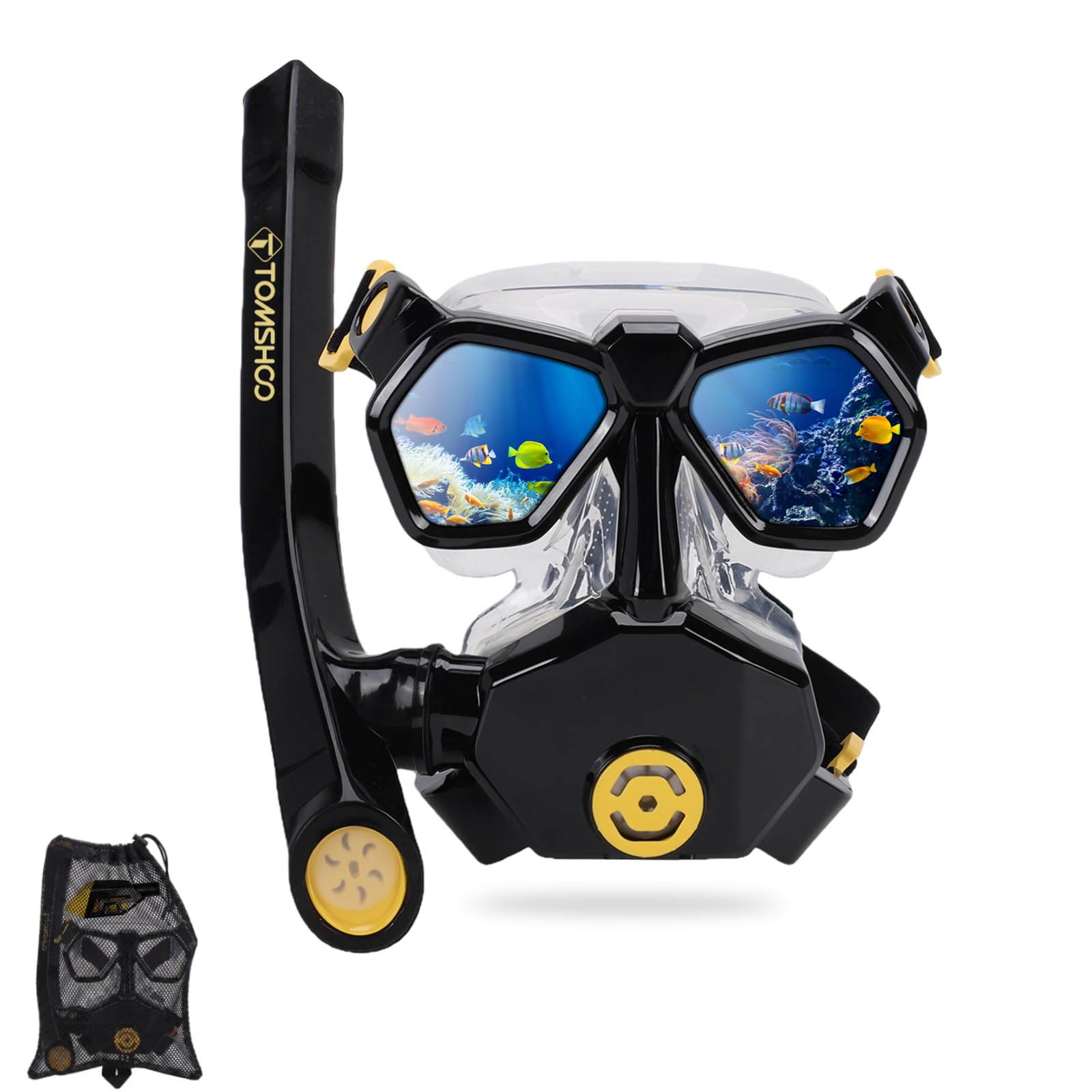 TOMSHOO Snorkel Set Snorkeling Gear for Adults Panoramic Wide View Scuba Diving Mask Anti Fog Tempered Glass Swim Mask Professional Snorkeling Packages (Black Yellow)