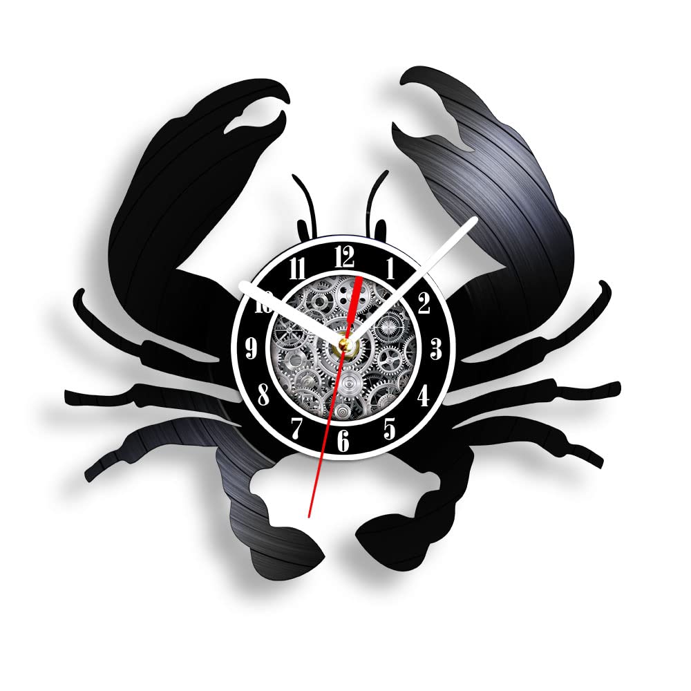The Geeky Days Big Crab Vinyl Record Wall Clock 12inch Battery Silent Quartz Nautical Ocean Seafood Modern Carved LP Record Time Watch Aquarium Marine