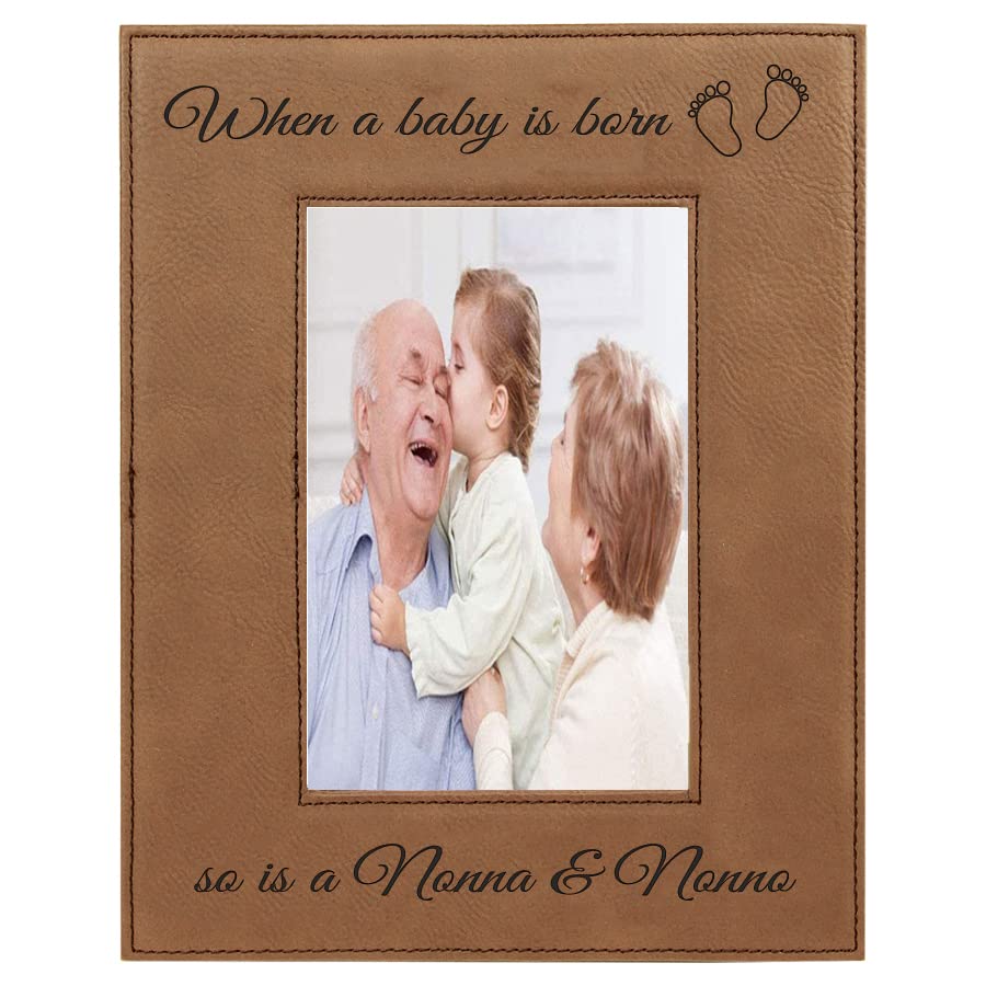 CustomGiftsNow When a Baby is Born so is a Nonna & Nonno Laser Engarved Faux Leather Dark Brown Leatherette Wall Hanging/Tabletop 8x10 Vertical Picture Group Family New Grandchild Baby Photo Frame