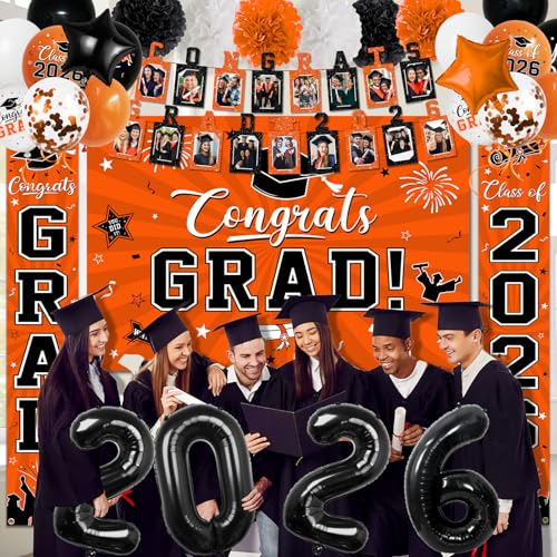 Image of 2026 Graduation Decorations, Orange Themed Class of 2026 Decorations Set, Congrats Grad Backdrop, Photo Banner, Door Banner, Balloons and Pom Poms Supplies for High School College Graduation Party